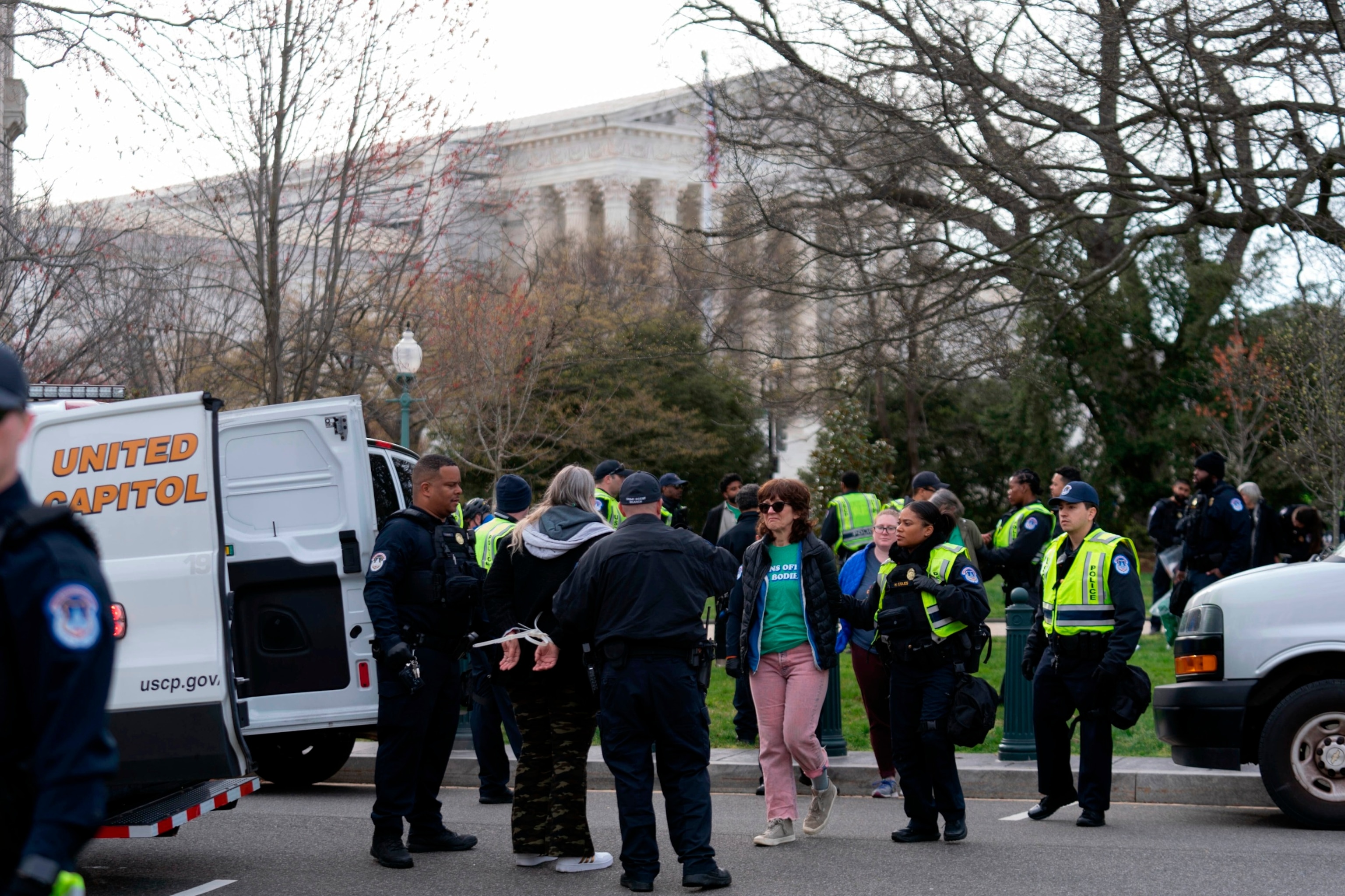 PHOTO: Abortion-rights activists are arrested by U.S. Capitol police as their protest outside of the Supreme Court during a rally March 26, 2024, in Washington.
