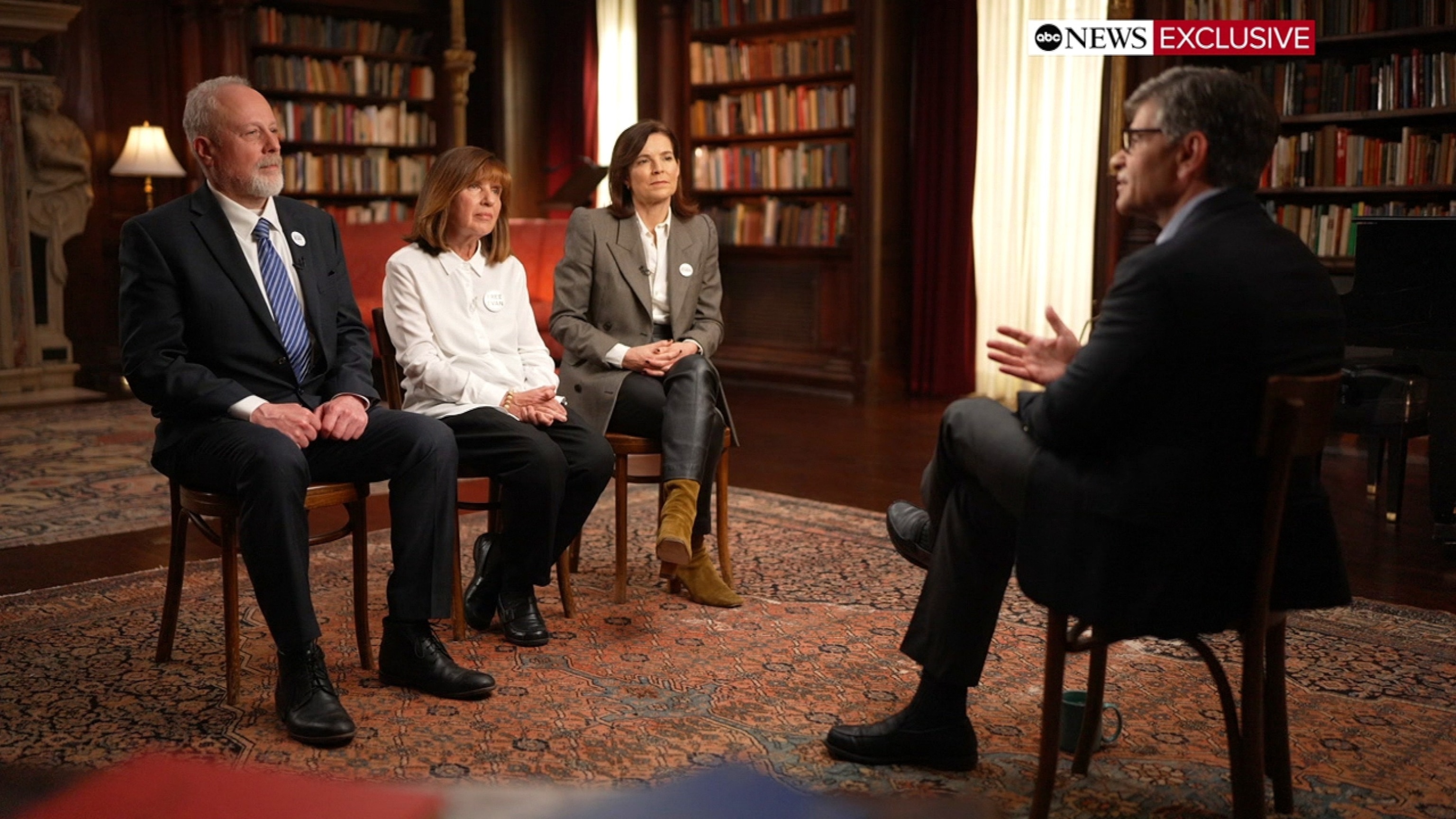 PHOTO: Mikhail Gershkovich and Ella Milman, parents of detained Wall Street Journal reporter Evan Gershkovich as well as Emma Tucker, Editor-in-Chief of The Wall Street Journal speak with George Stephanopoulos during an interview with ABC News.