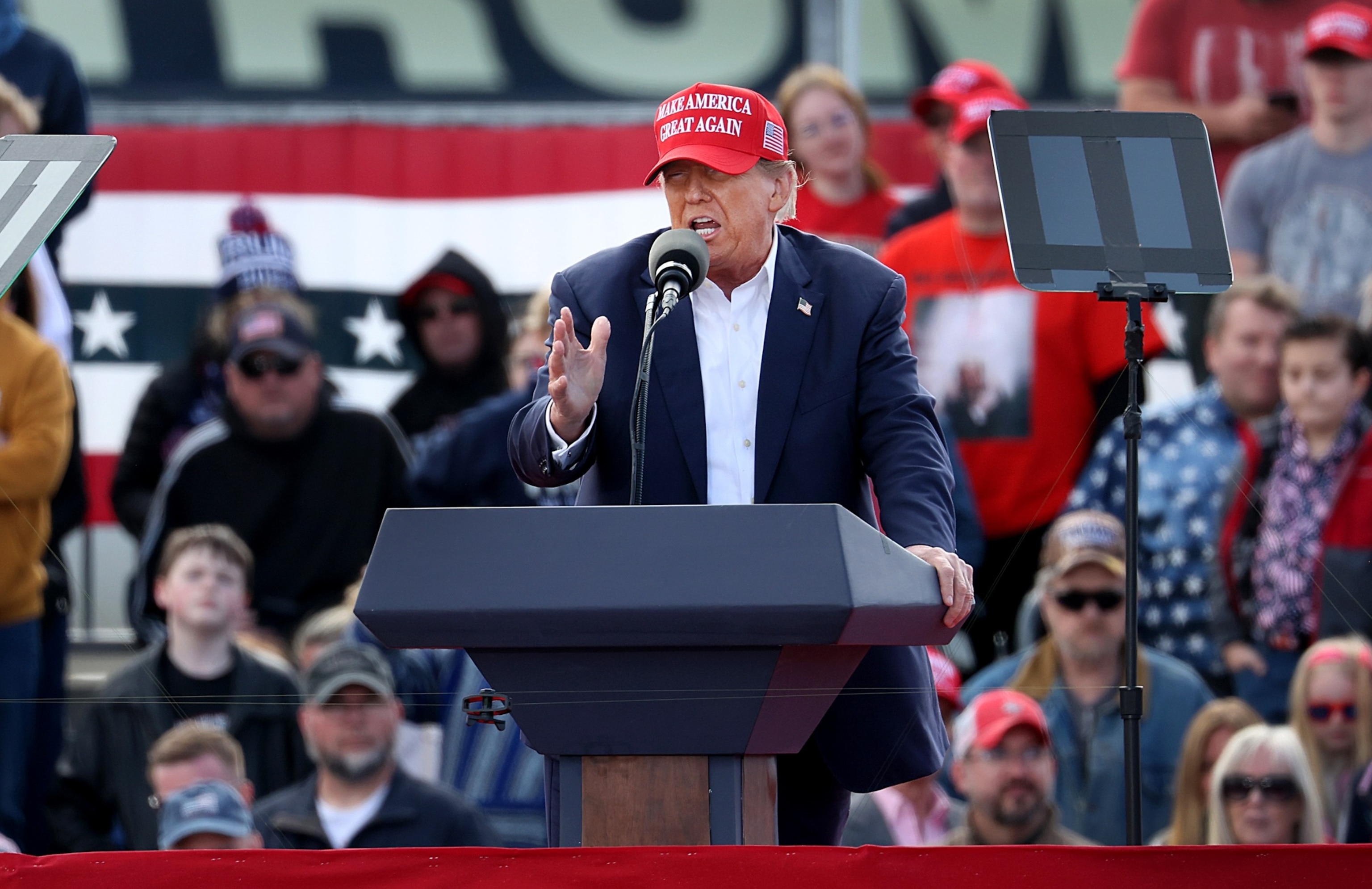 PHOTO: Republican presidential candidate former President Donald Trump  speaks to supporters during a rally at the Dayton International Airport, on March 16, 2024, in Vandalia, Ohio.  