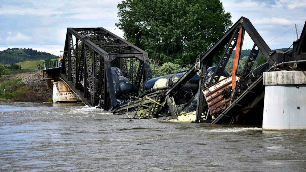 Train derailment causes hot asphalt and molten sulfur to spill into Yellowstone River, posing environmental risks.