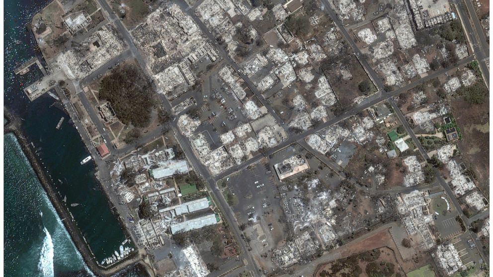 Comparison of satellite images reveals the striking contrast of Maui's devastation before and after.