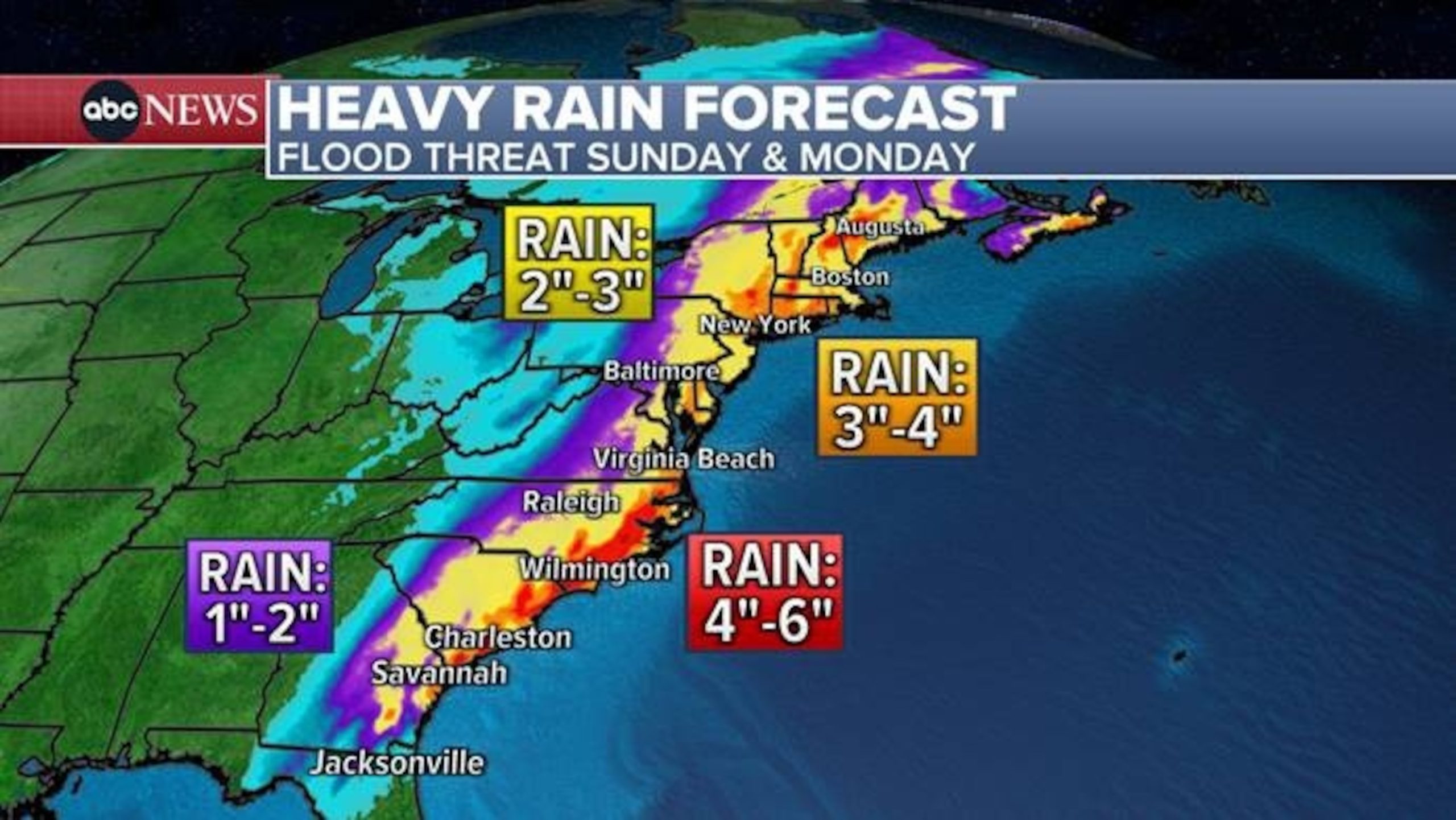 Millions on the East Coast face flood and wind threats until Monday