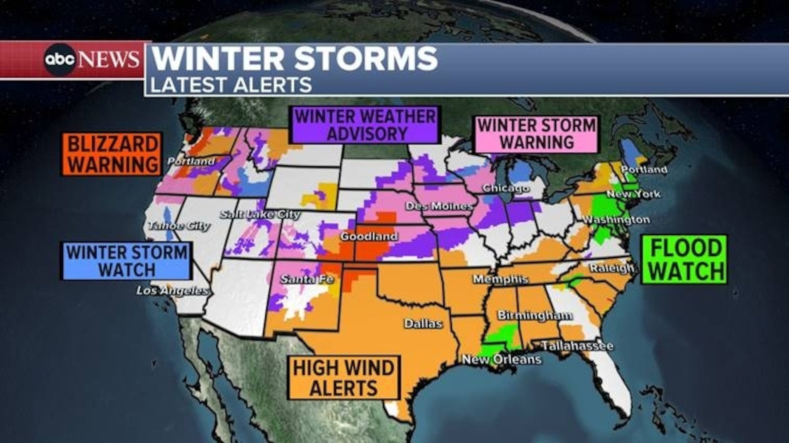 Winter Storms Cross Country: 40 States Affected by Blizzard, Wind, or Flood Alerts on Monday