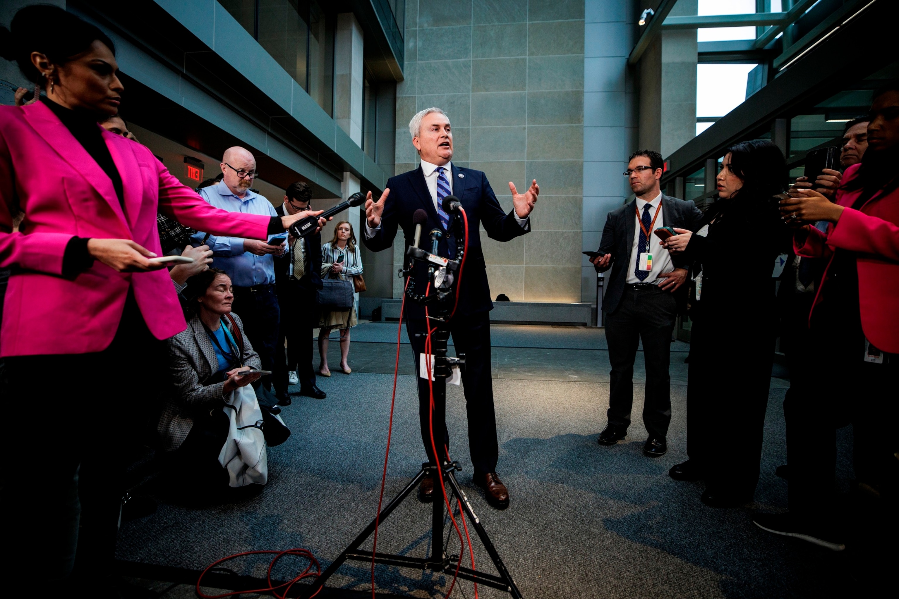 PHOTO: Committee Chairman James Comer speaks to reporters following the closed-door deposition of Hunter Biden, in front of the House Committee on Oversight and Accountability, and House Judiciary Committee, on Feb. 28, 2024, in Washington, D.C. 
