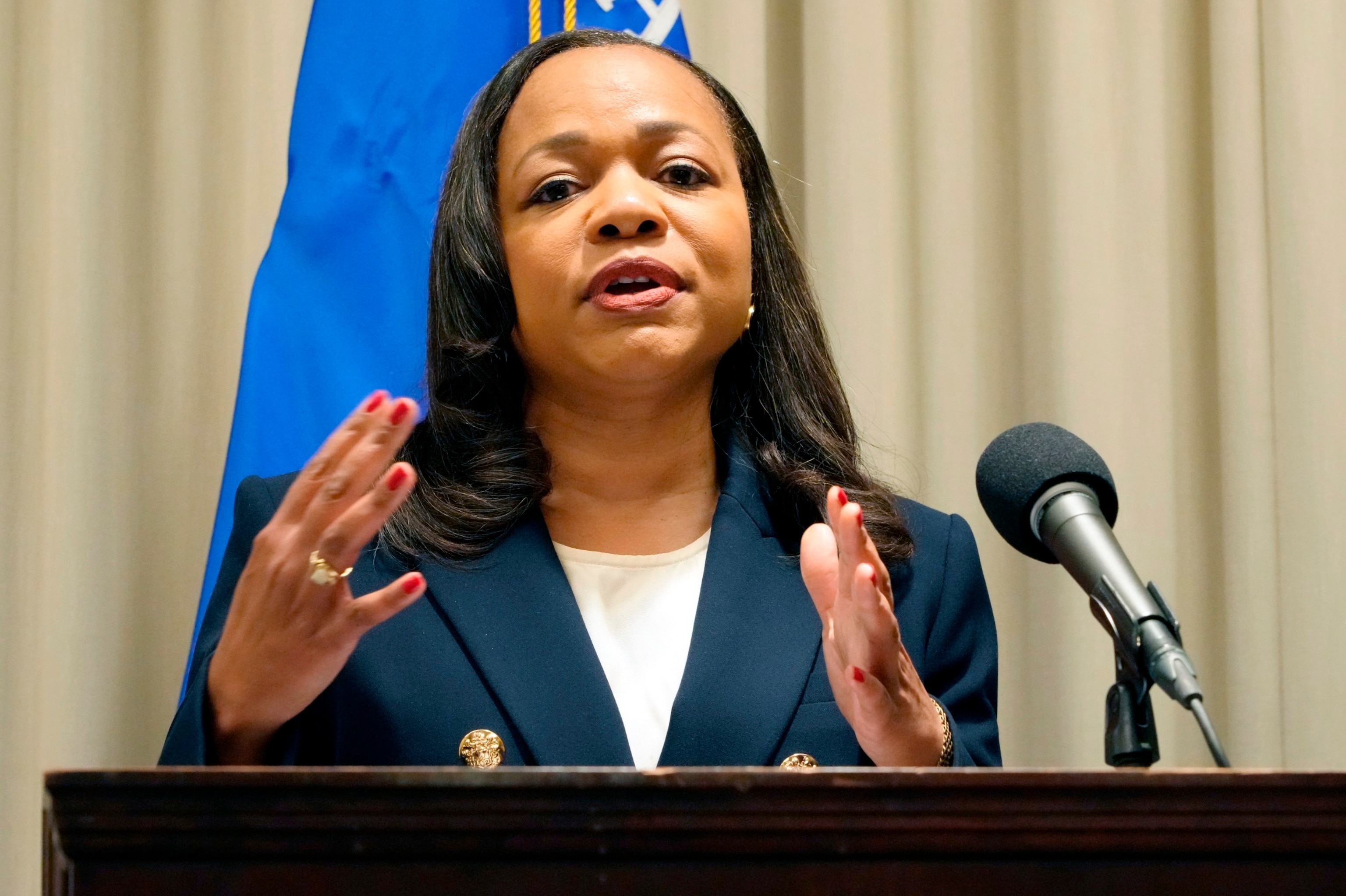 PHOTO: Assistant Attorney General Kristen Clarke of the Department of Justice Civil Rights Division announces at a news conference, Nov. 8, 2023, in Jackson, Miss.