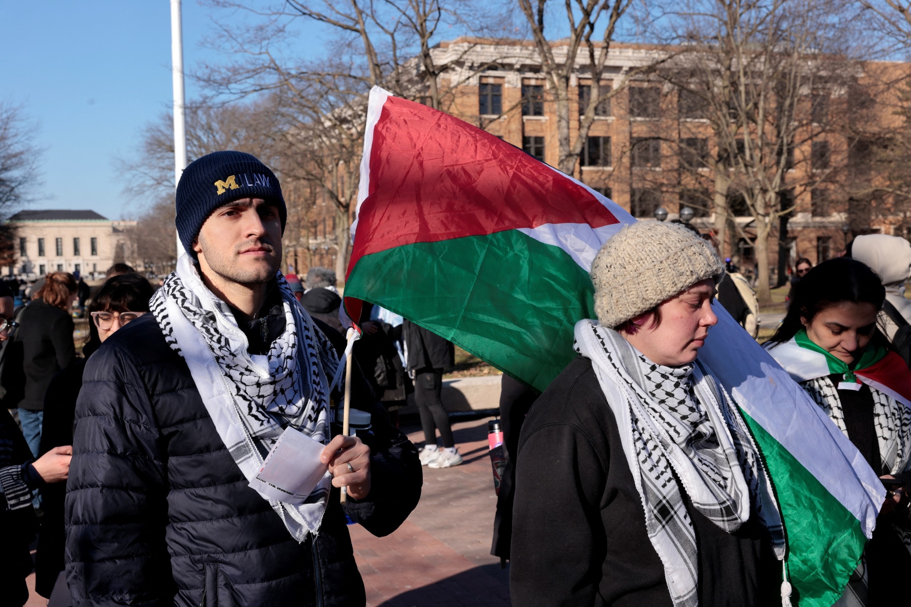PHOTO: Protestors rally against US President Joe Biden's unwavering support for Israel and call for a ceasefire in the Israel-Hamas conflict on the University of Michigan campus in Ann Arbor, Michigan, Feb. 20, 2024. 
