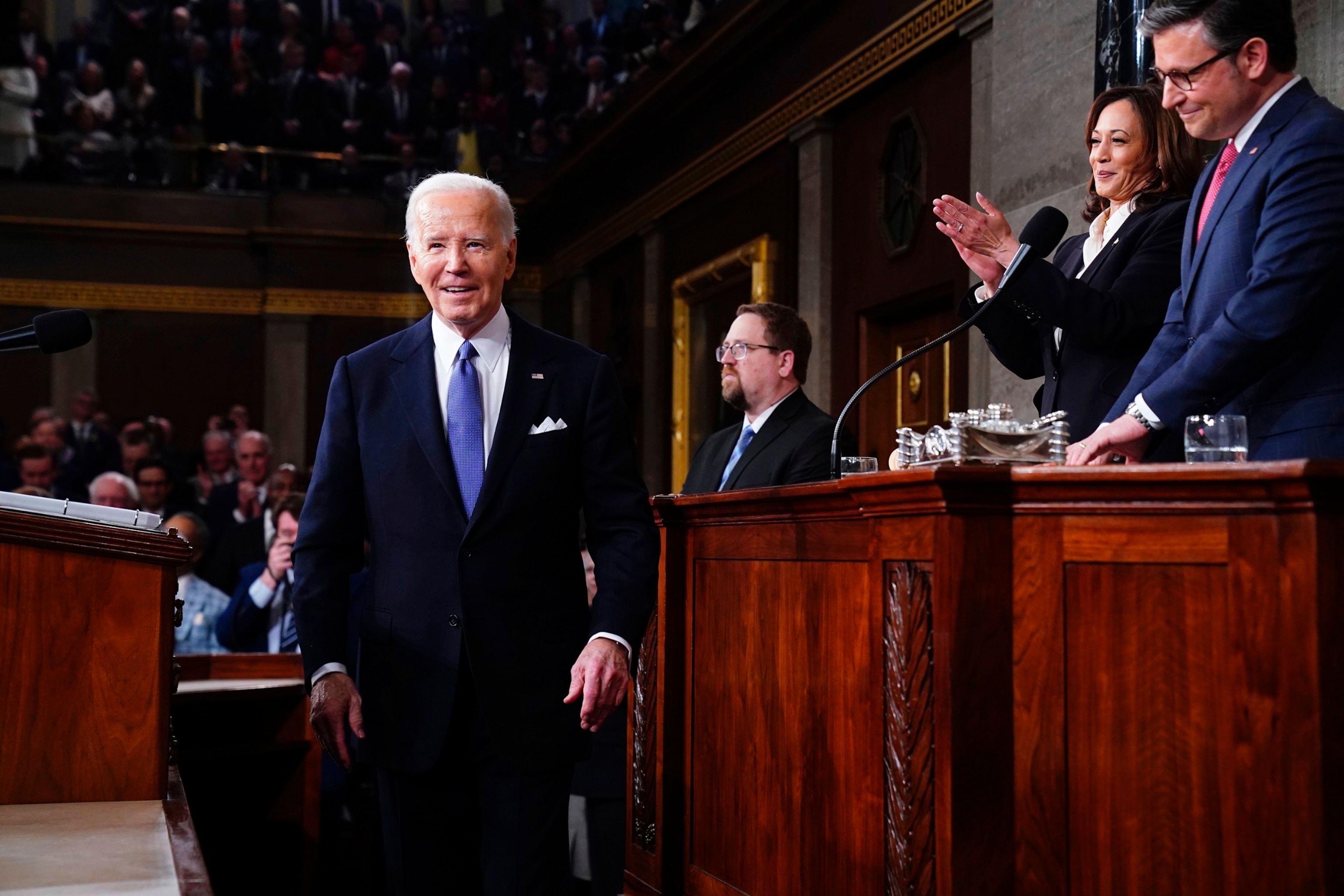 PHOTO: President Joe Biden looks on with Vice President Kamala Harris and House Speaker Mike Johnson, before delivering the State of the Union address to a joint session of Congress at the U.S. Capitol, on March 7, 2024, in Washington, D.C.