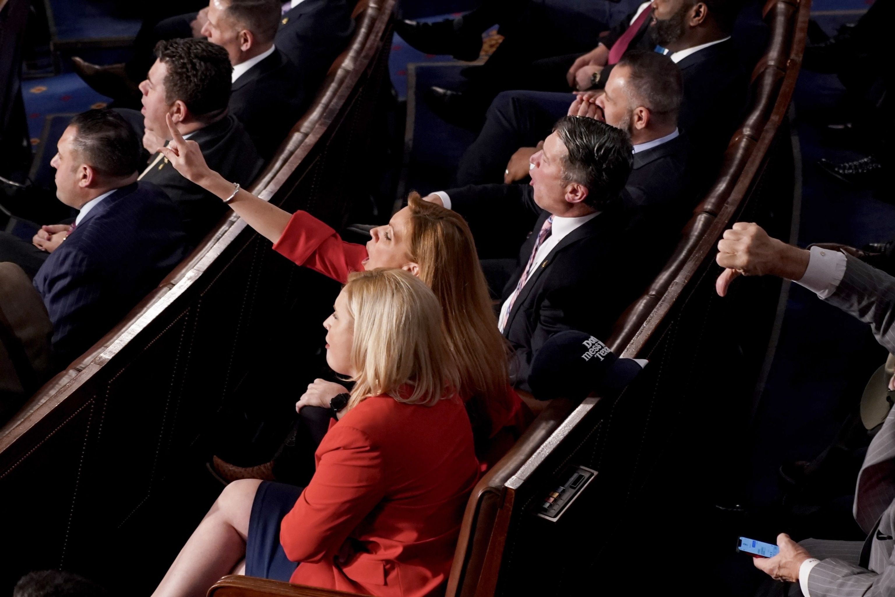 PHOTO: Republican members of Congress yell in response to US President Joe Biden, not pictured, speaking during a State of the Union address at the US Capitol in Washington, DC, Feb. 7, 2023.