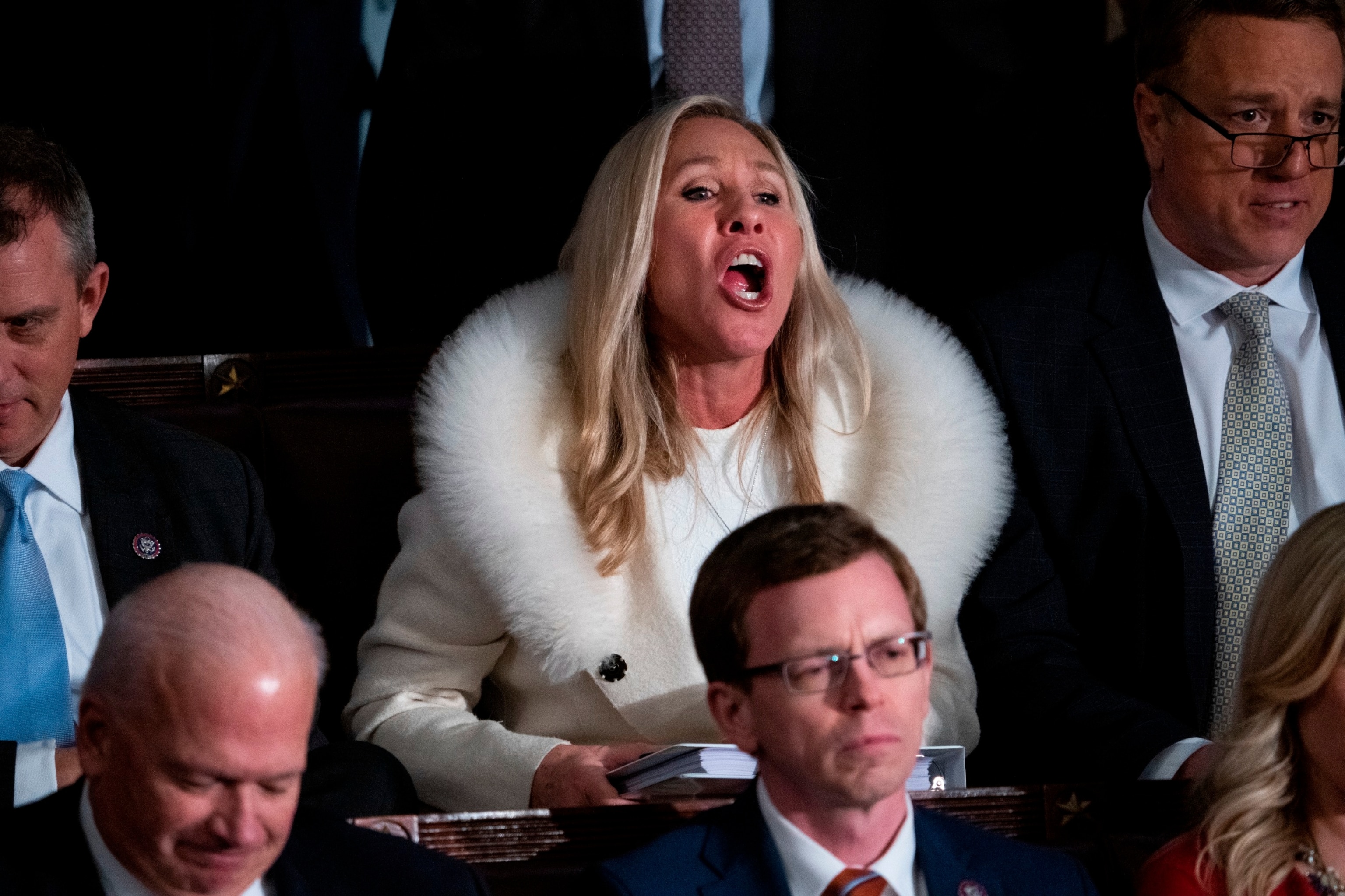 PHOTO: Rep. Marjorie Taylor Greene, R-Ga., yells during President Joe Bides State of the Union address in the House Chamber of the U.S. Capitol, Feb. 7, 2023.