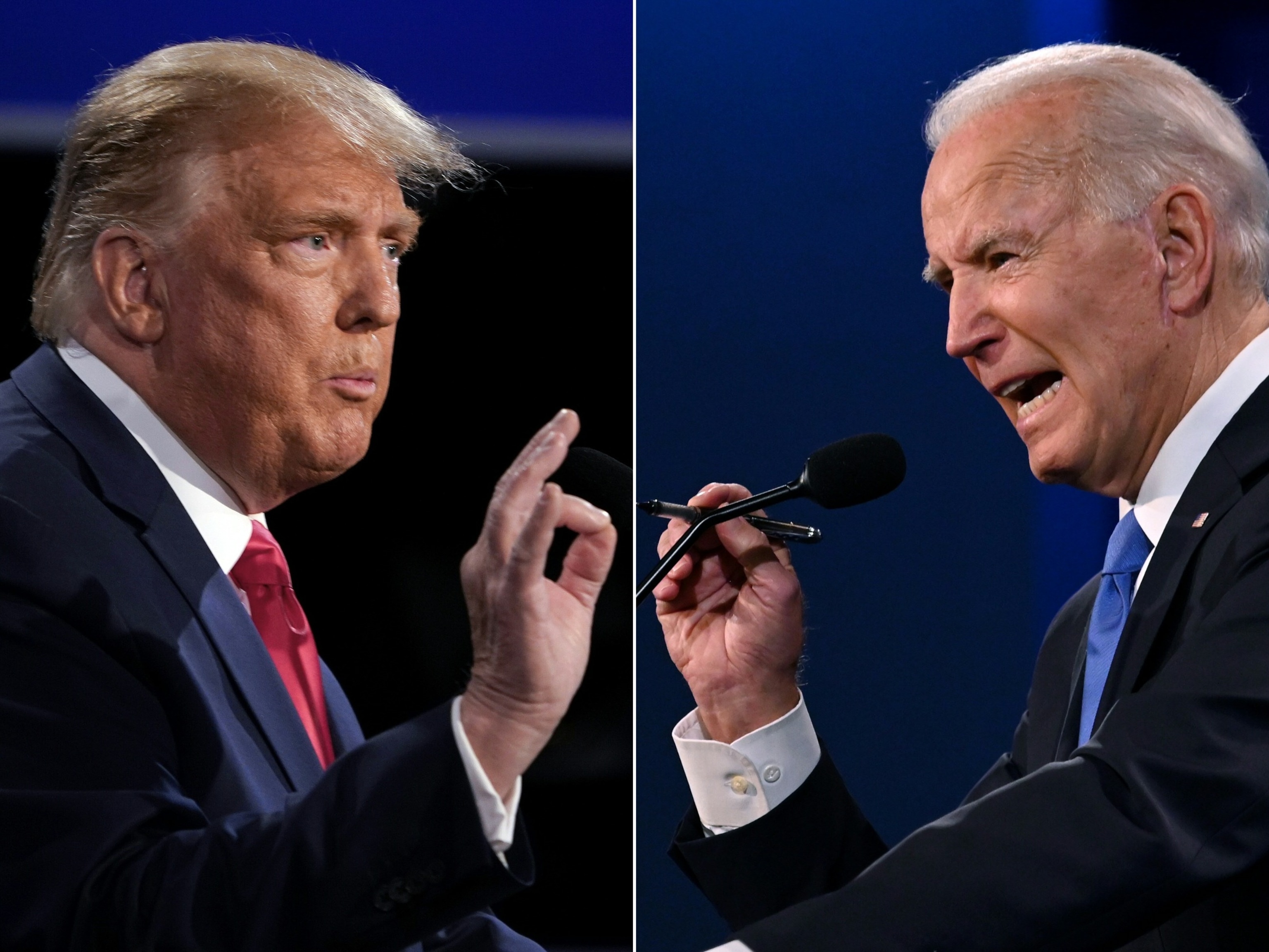PHOTO: This combination of pictures created on Oct. 22, 2020 shows former President Donald Trump (L) and President Joe Biden during the final presidential debate at Belmont University in Nashville, Tenn., on Oct. 22, 2020.