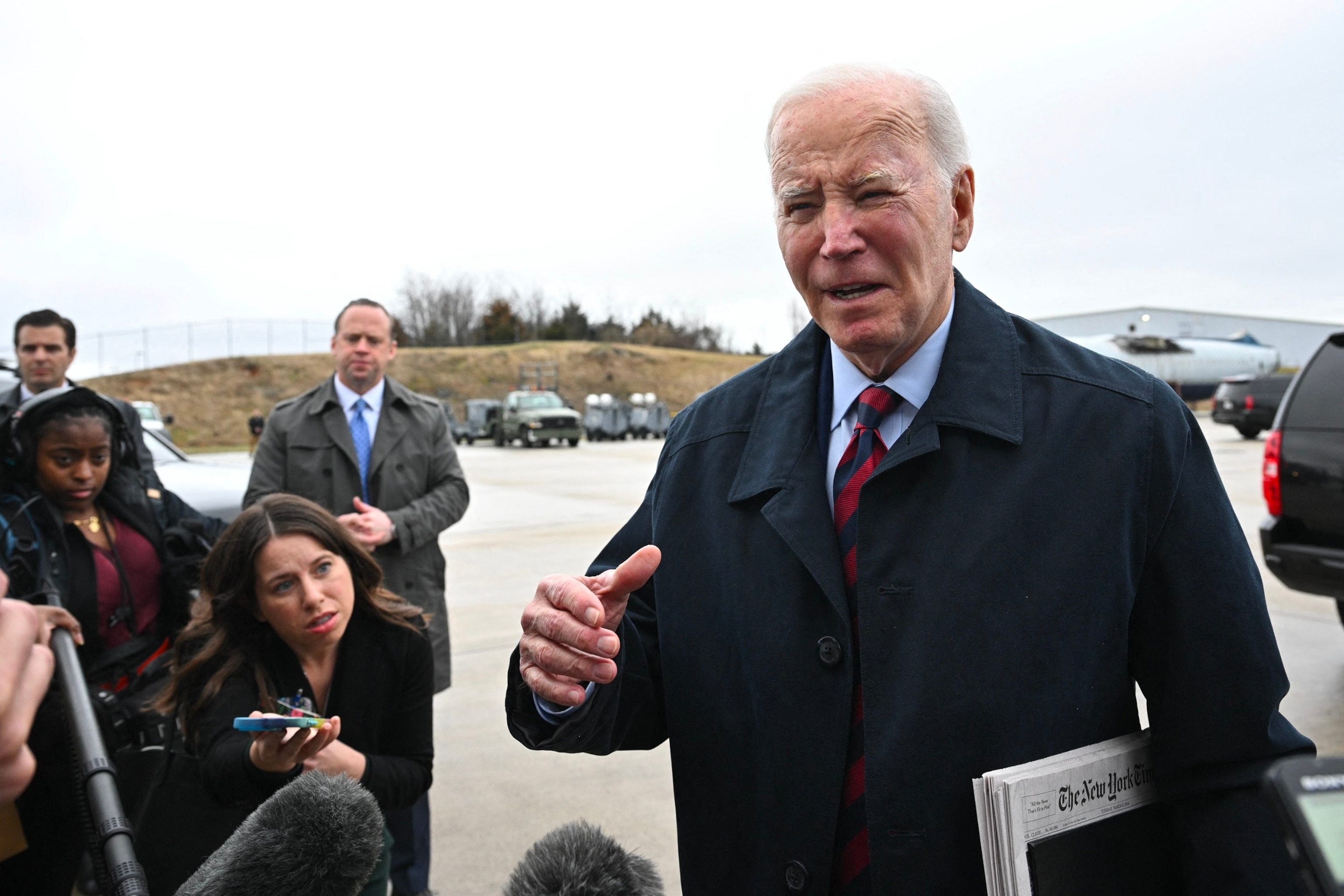 PHOTO: President Joe Biden speaks to reporters before boarding Air Force One at Hagerstown Regional Airport in Hagerstown, Maryland, on March 5, 2024. 
