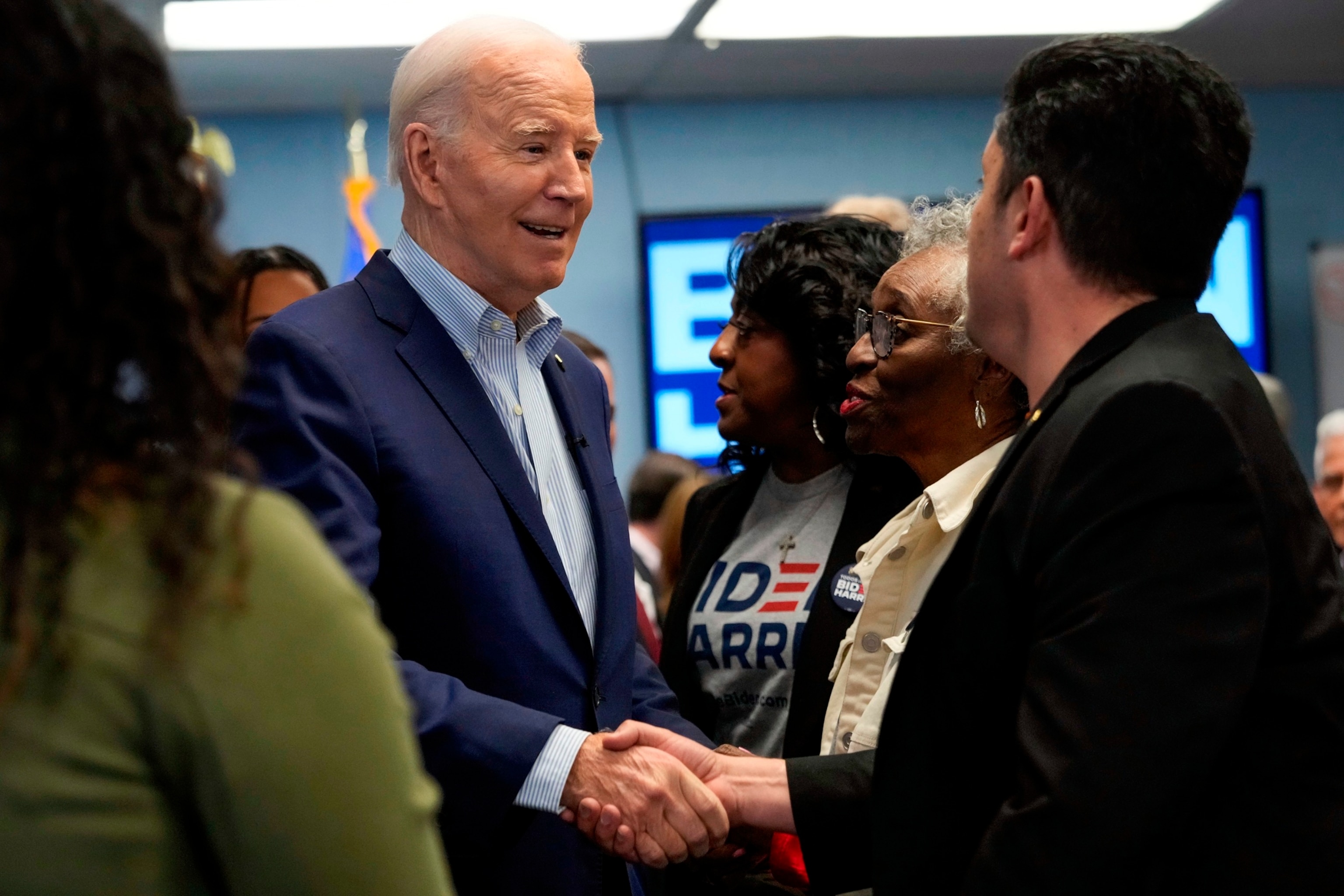 PHOTO: President Joe Biden greets people after speaking at the Washoe Democratic Party Office in Reno, Nev., on March 19, 2024. 