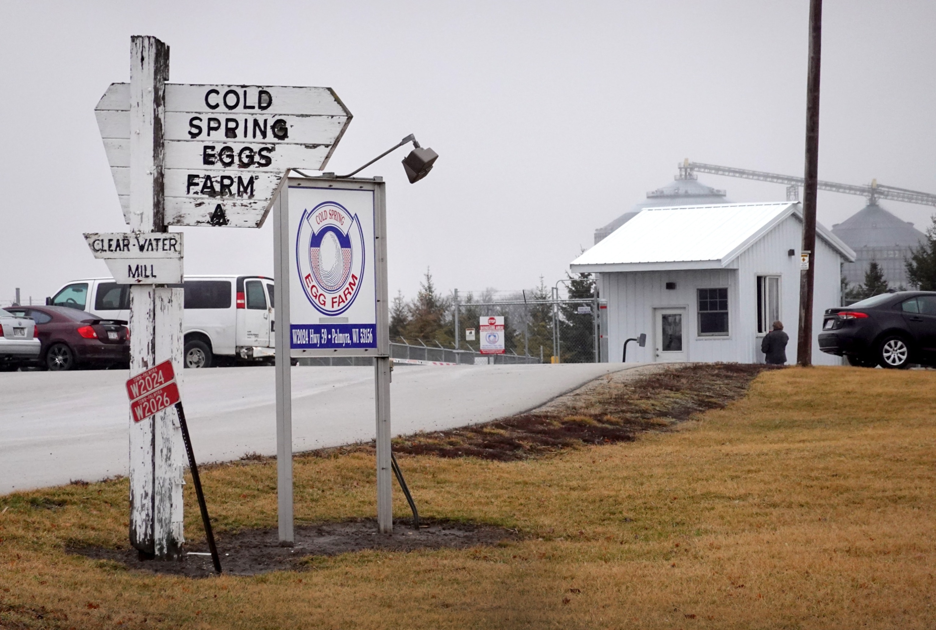 PHOTO: A sign sits at the entrance to the Cold Springs Eggs Farm where the presence of avian influenza was reported to be discovered, forcing the commercial egg producer to destroy nearly 3 million chickens, Palmyra, WA, March 24, 2022.
