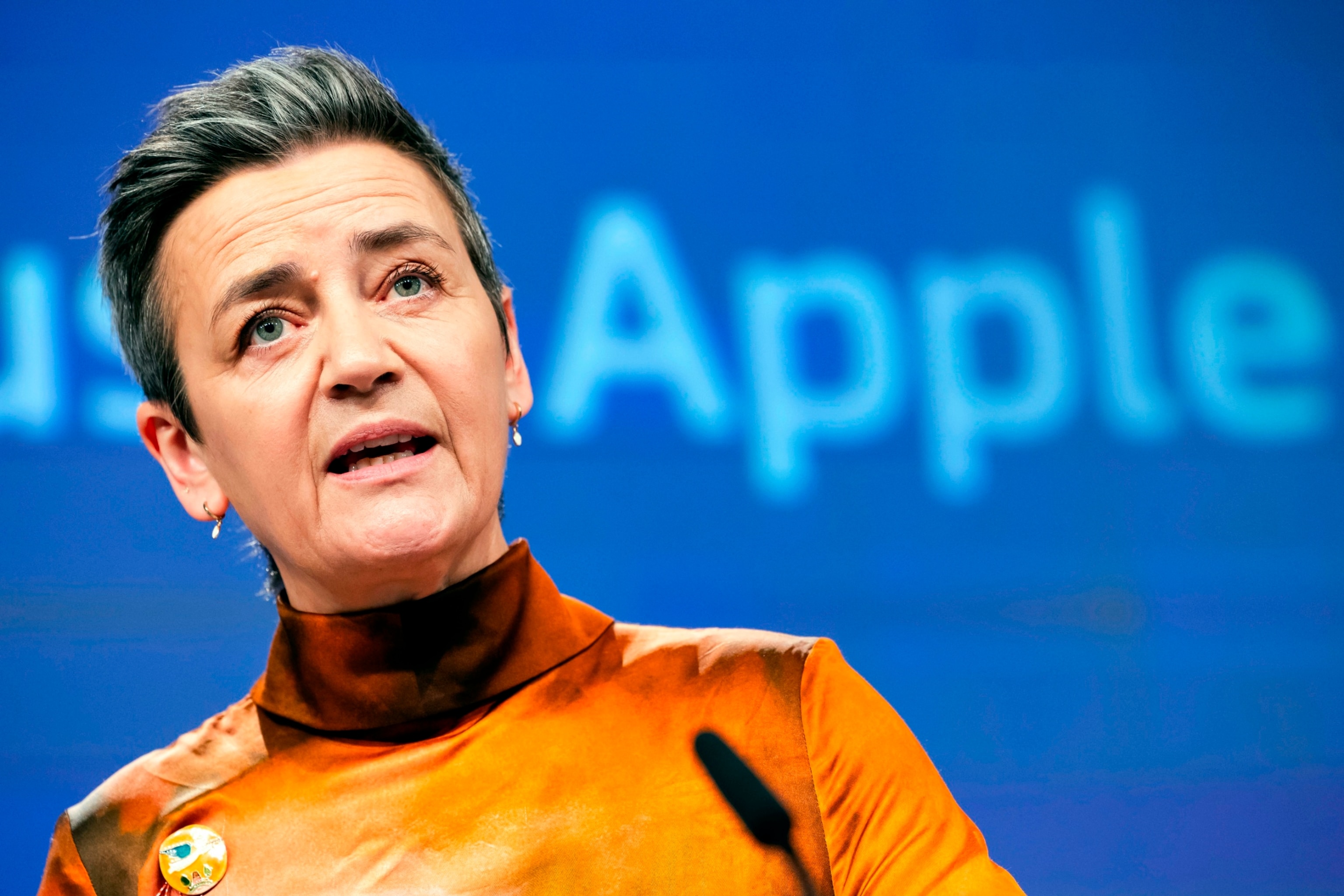 PHOTO: EU Commission vice president Margrethe Vestager addresses the media on Apple Music streaming services at EU headquarters in Brussels, March 4, 2024.