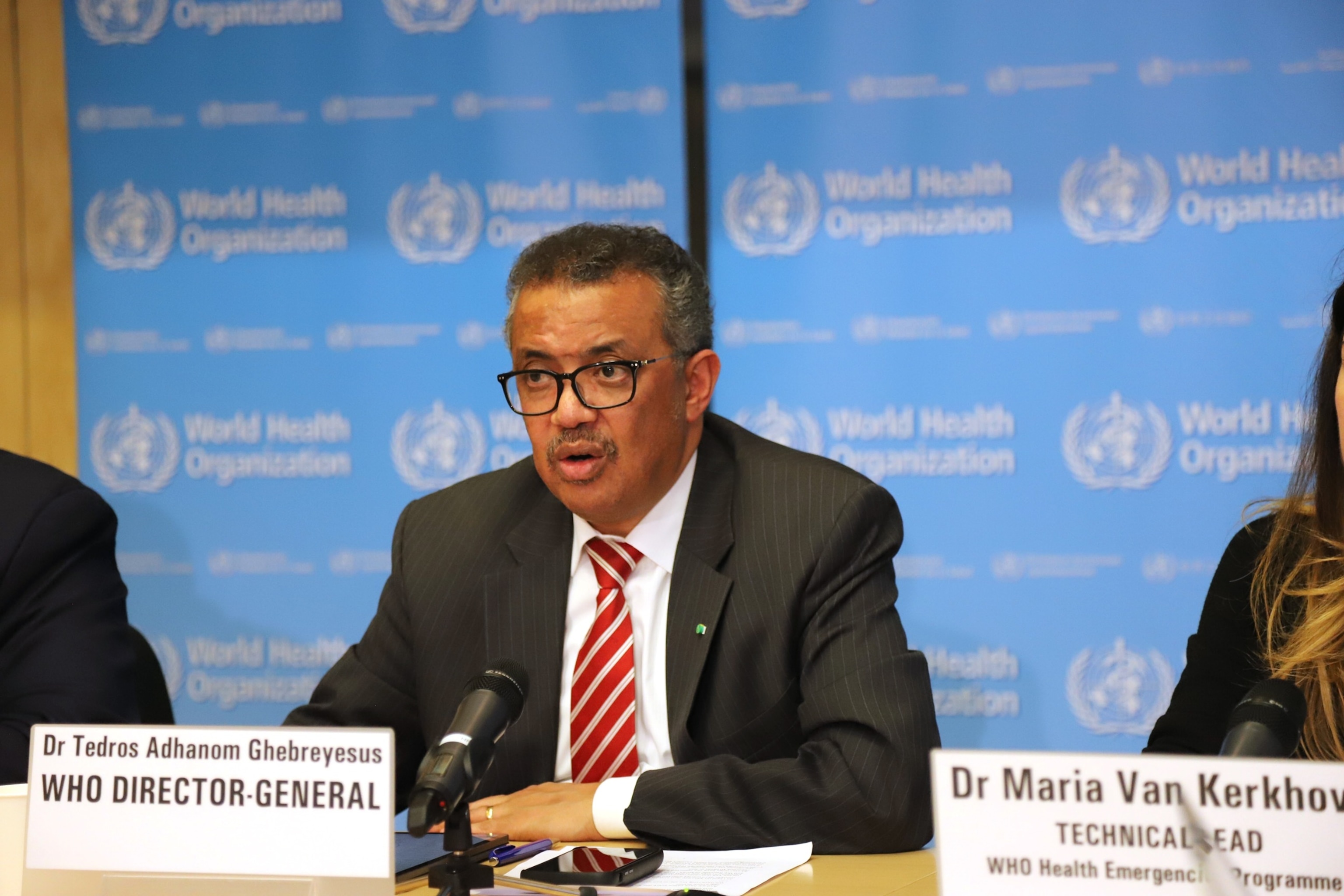 PHOTO: In this March 11, 2020, file photo, World Health Organization Director-General Tedros Adhanom Ghebreyesus speaks at a press conference in Geneva, Switzerland.