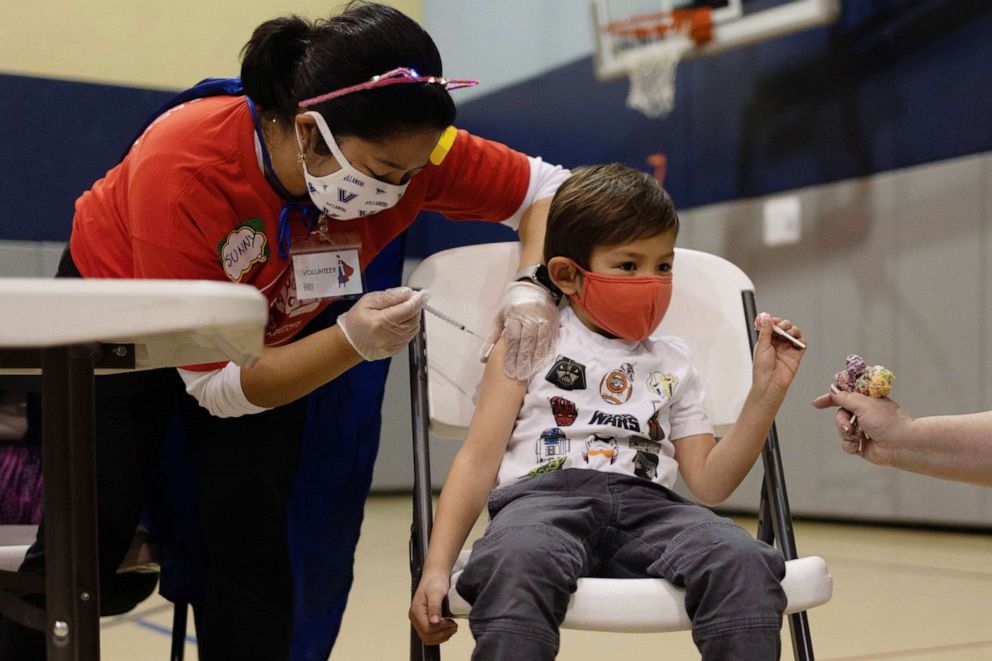 PHOTO: In this Dec. 5, 2021, file photo, a 5-year-old boy receives the Pfizer-BioNTech COVID-19 vaccine in Lansdale, Penn.