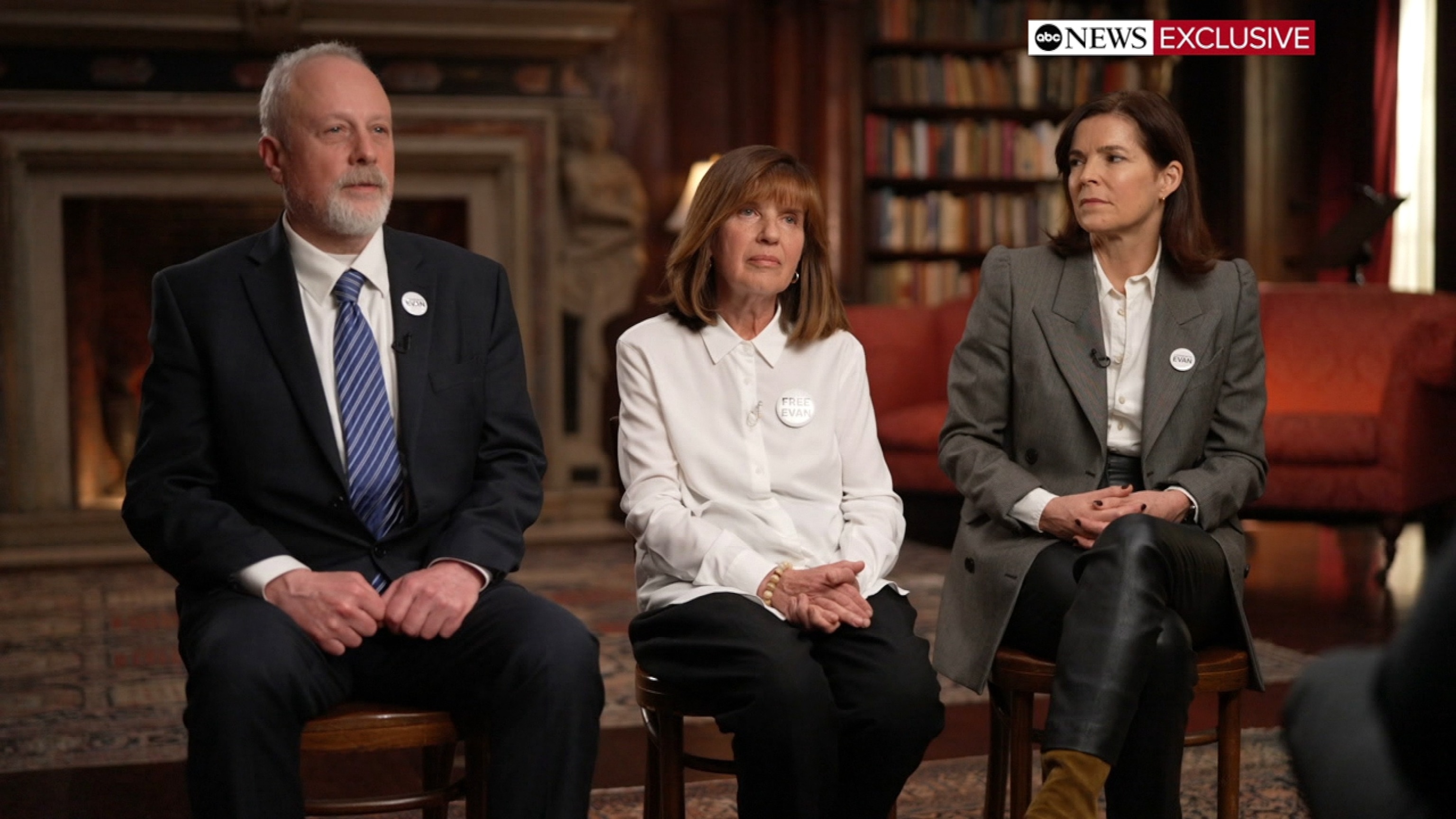 PHOTO: Mikhail Gershkovich and Ella Milman, parents of detained Wall Street Journal reporter Evan Gershkovich as well as Emma Tucker, Editor-in-Chief of The Wall Street Journal speak with George Stephanopoulos during an interview with ABC News.
