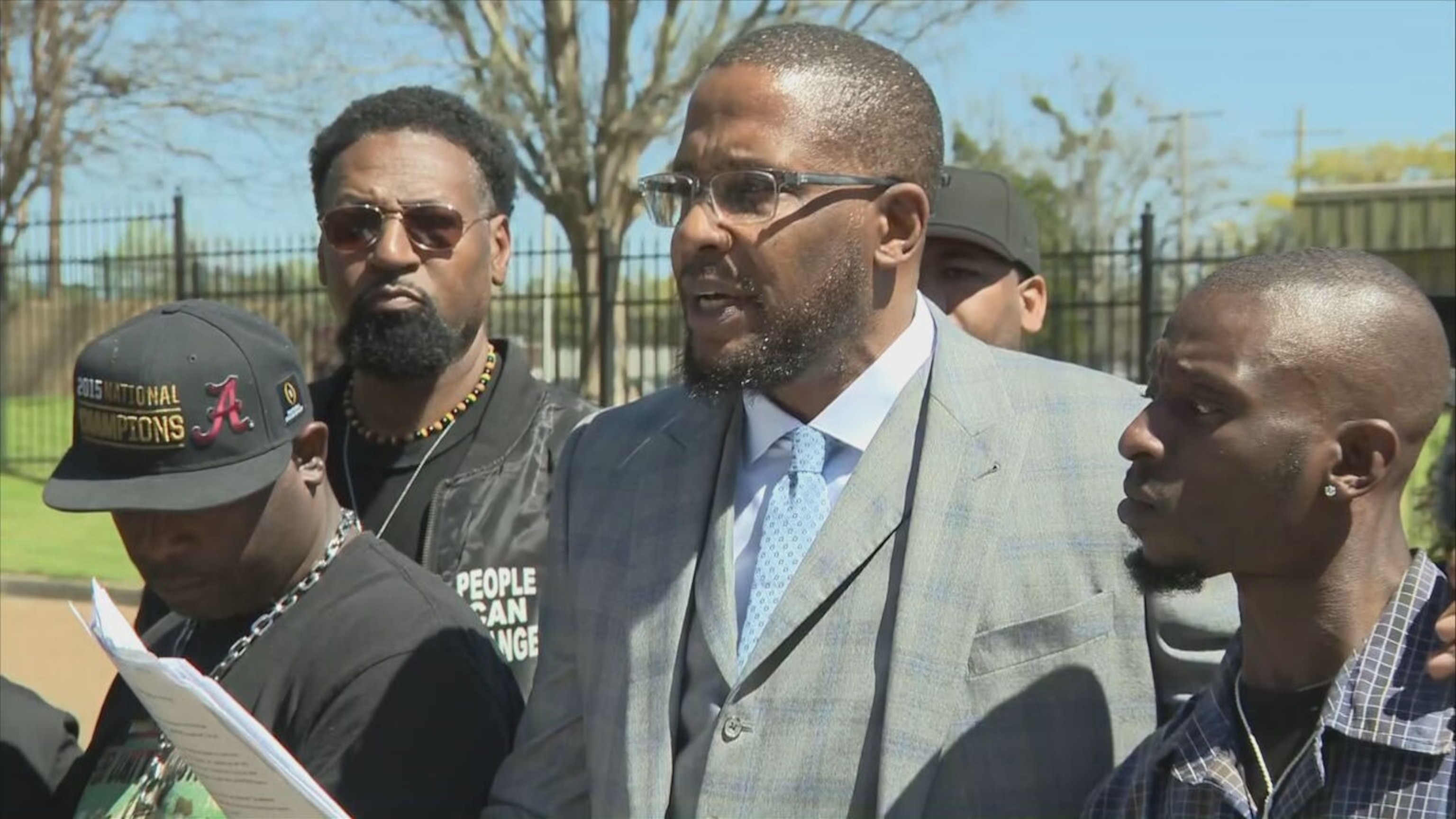 PHOTO: Eddie Parker, left, and Michael Jenkins, right, speak out with their attorney Malik Shabazz during a press conference on March 18, 2024 in Jackson, Miss.
