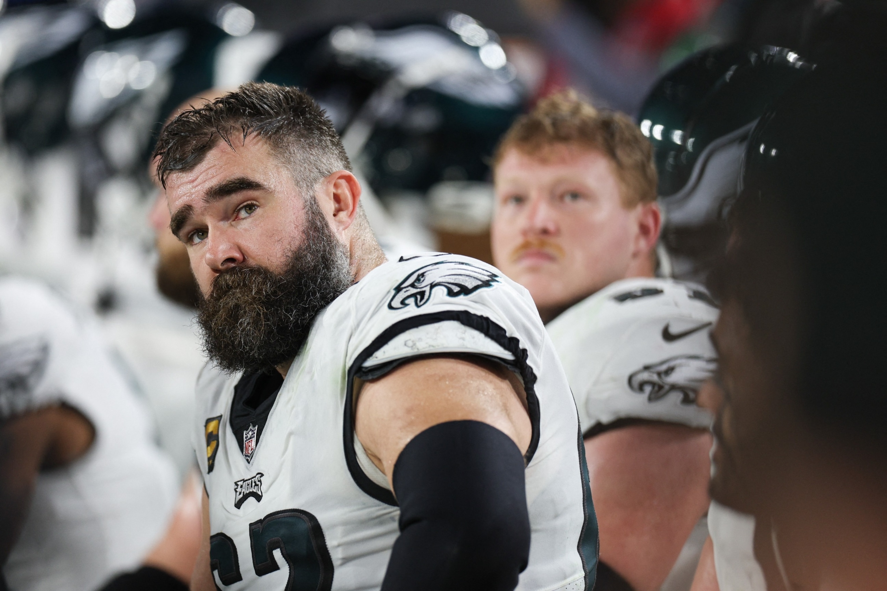 PHOTO: Philadelphia Eagles center Jason Kelce looks on from the sideline during the first half of a 2024 NFC wild card game against the Tampa Bay Buccaneers at Raymond James Stadium, Jan 15, 2024, in Tampa, Fla. 