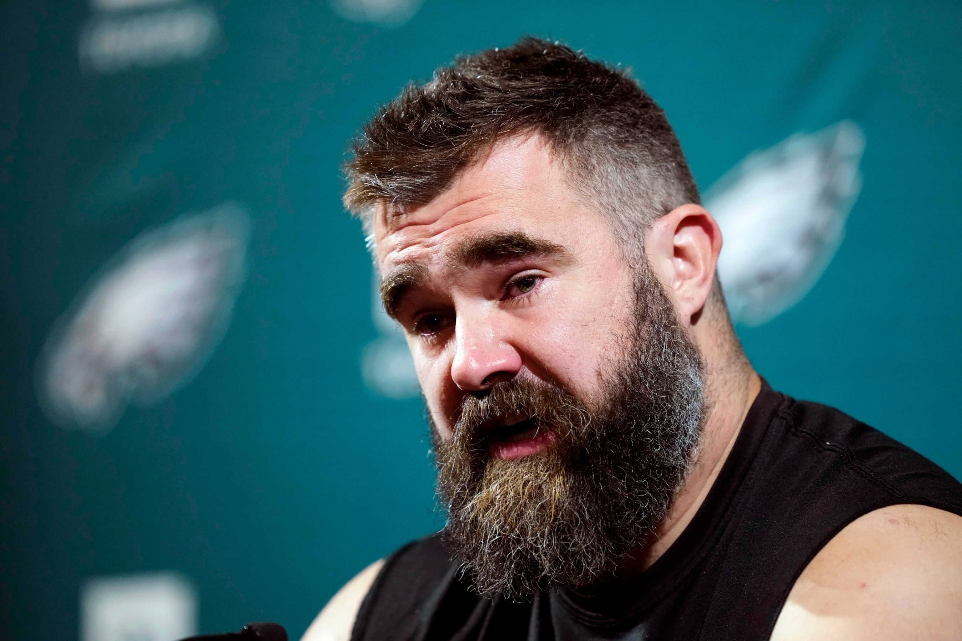 PHOTO: Philadelphia Eagles' Jason Kelce announces his retirement during a press conference in Philadelphia, March 4, 2024. 