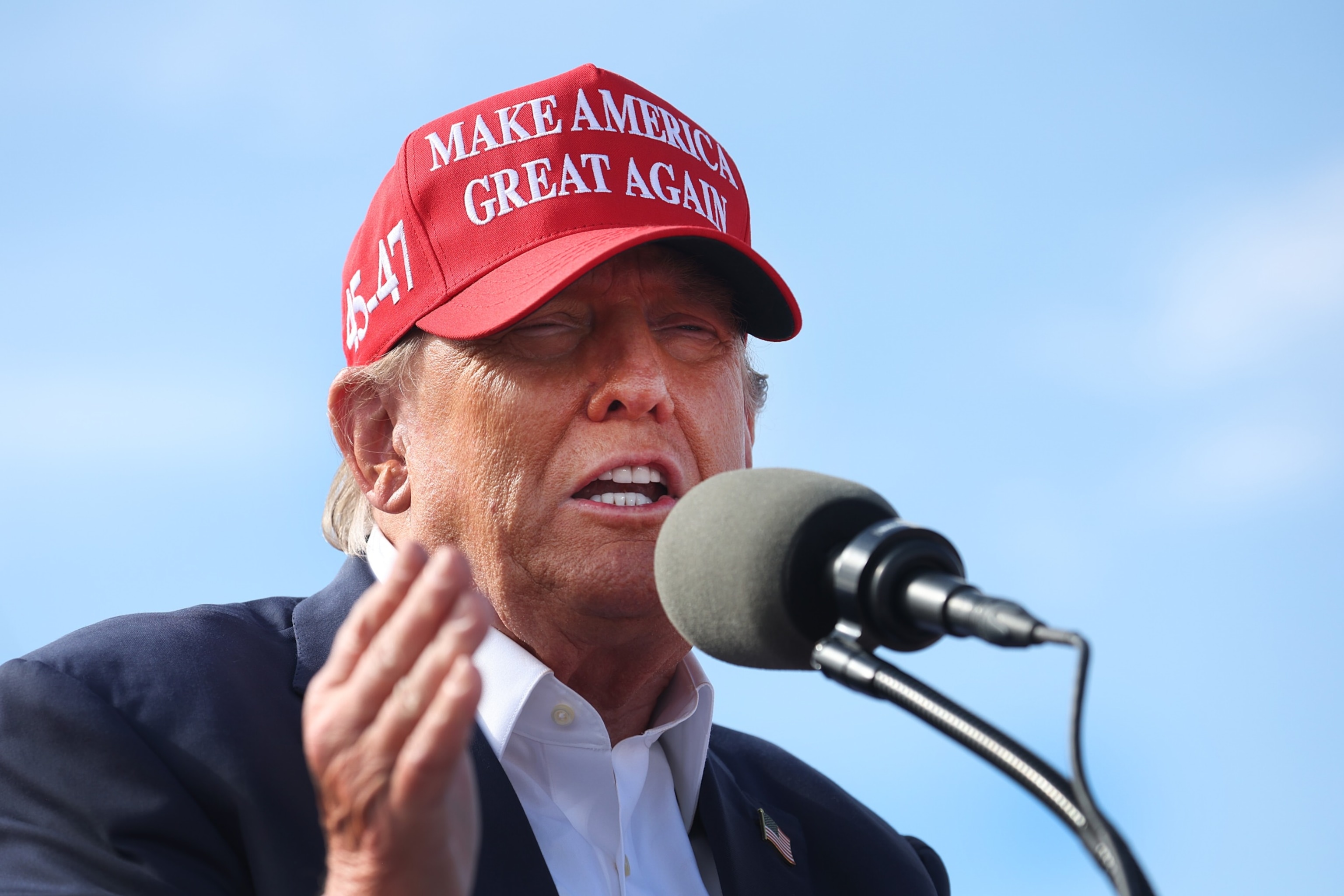 PHOTO: Republican presidential candidate former President Donald Trump speaks to supporters during a rally at the Dayton International Airport, March 16, 2024, in Vandalia, Ohio.  