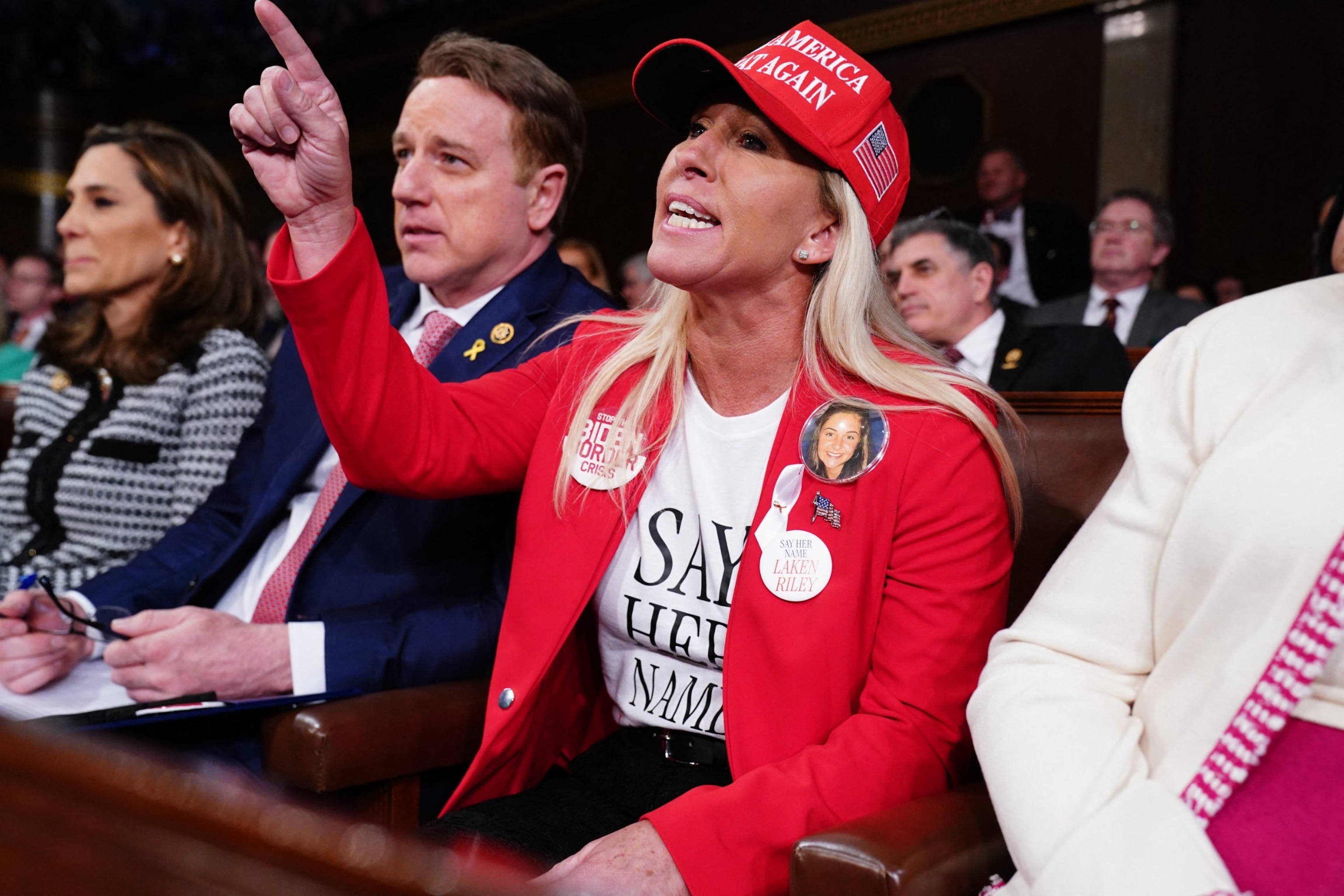 PHOTO: Republican Representative from Georgia Marjorie Taylor shouts as President Joe Biden delivers his third State of the Union address in the House Chamber of the U.S. Capitol in Washington, Mar. 7, 2024.   