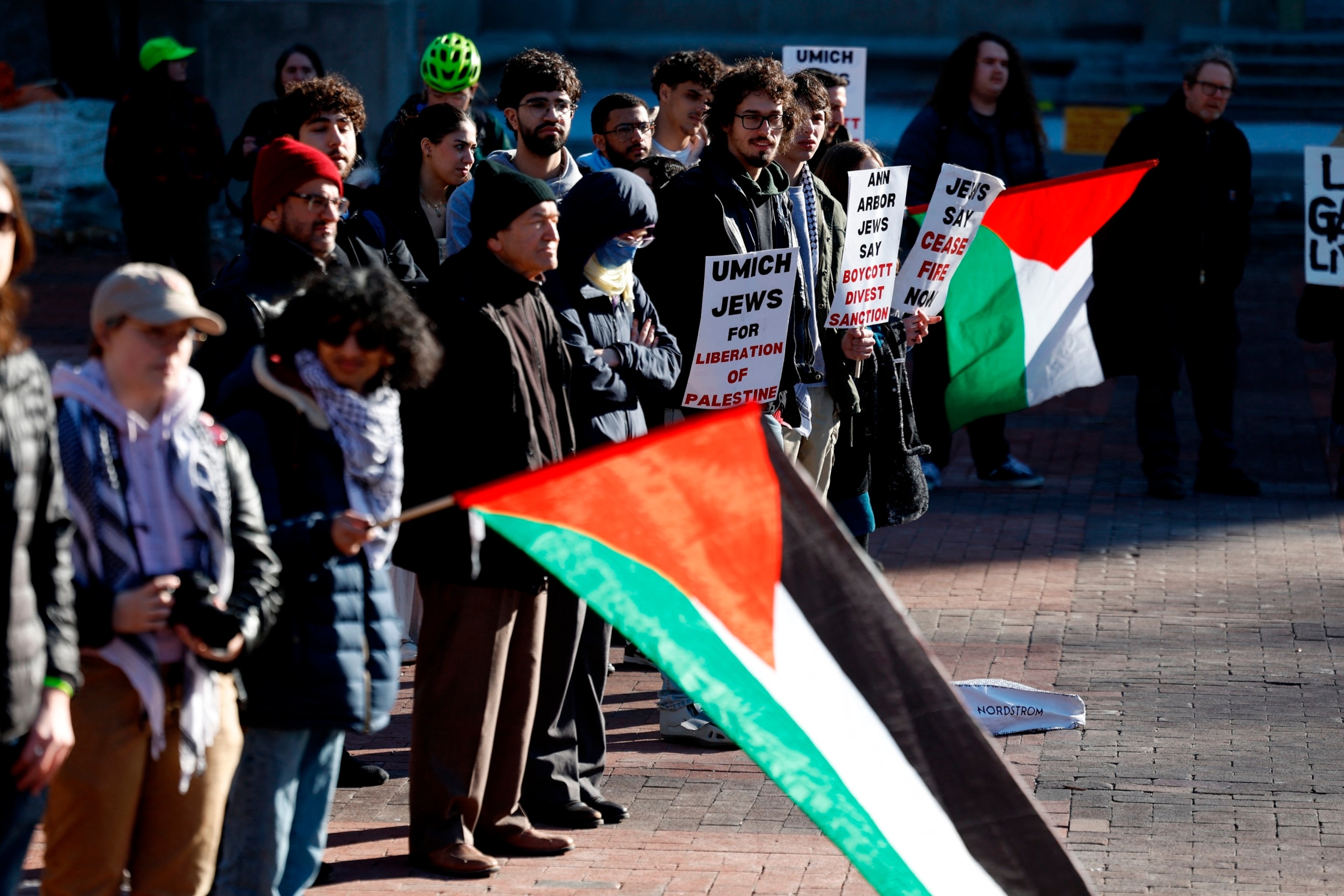 PHOTO: Protestors rally against President Joe Biden's support for Israel and call for a ceasefire in the Israel-Hamas conflict in Ann Arbor, MI, Feb. 20, 2024. 