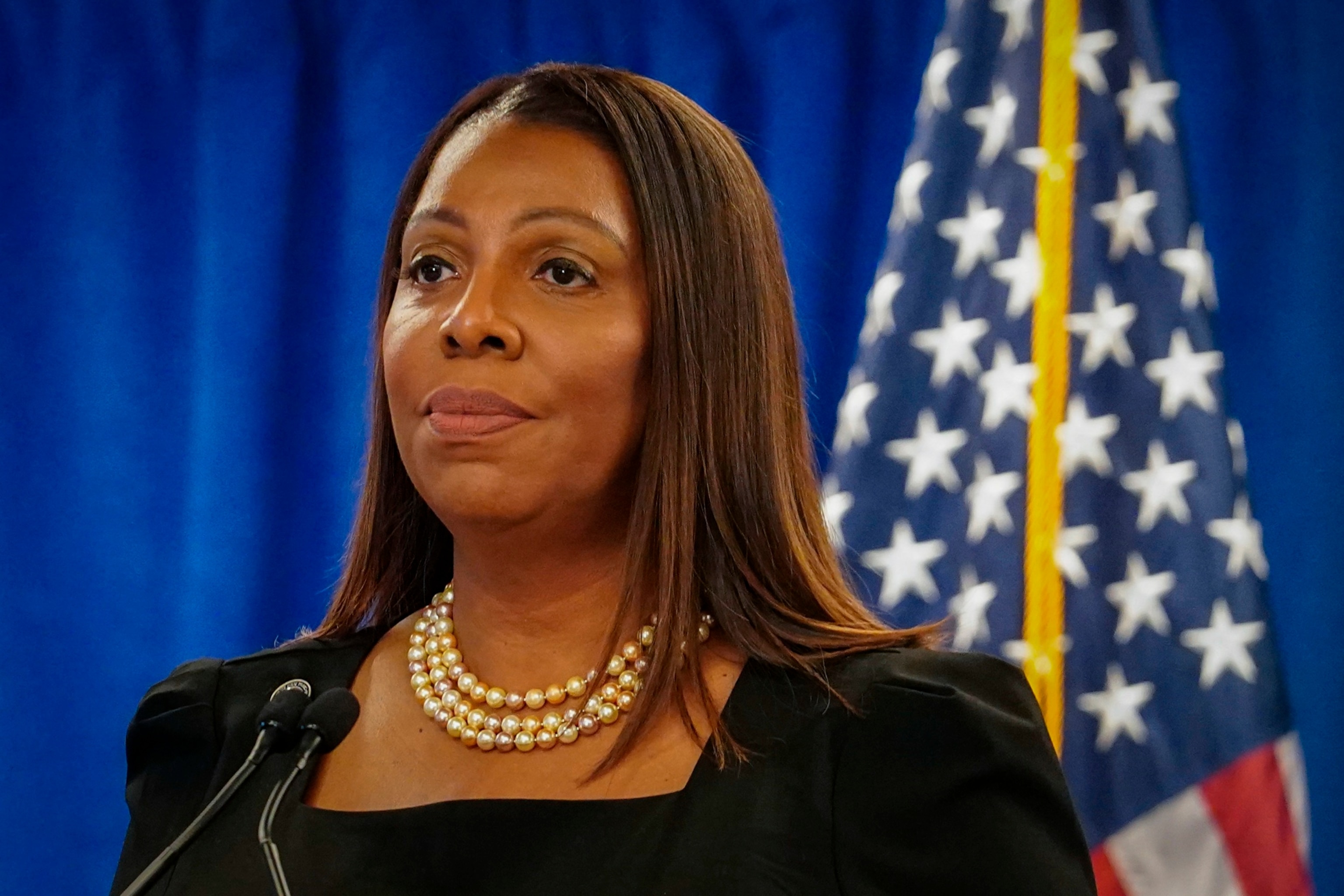 PHOTO: New York Attorney General Letitia James speaks during a news briefing, Feb. 16, 2024, in New York. 