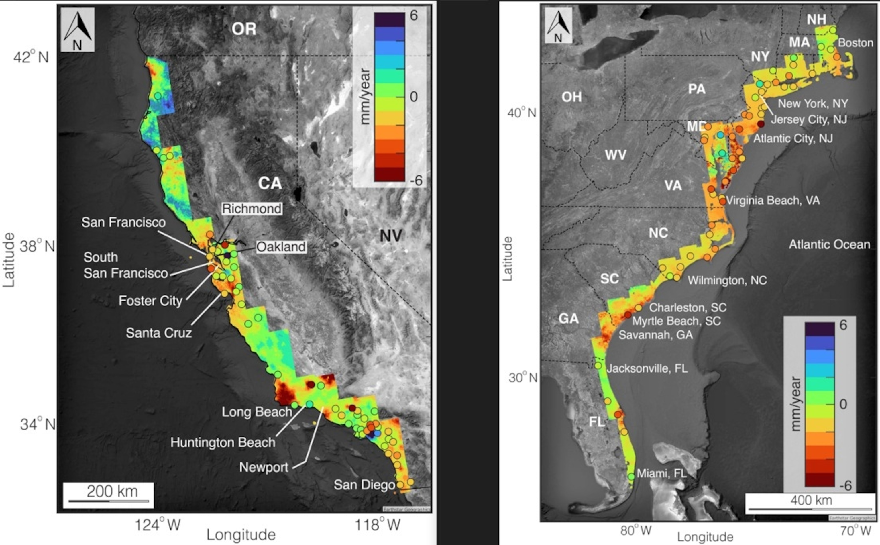 PHOTO: graphics of West coast and East coast sinking cities