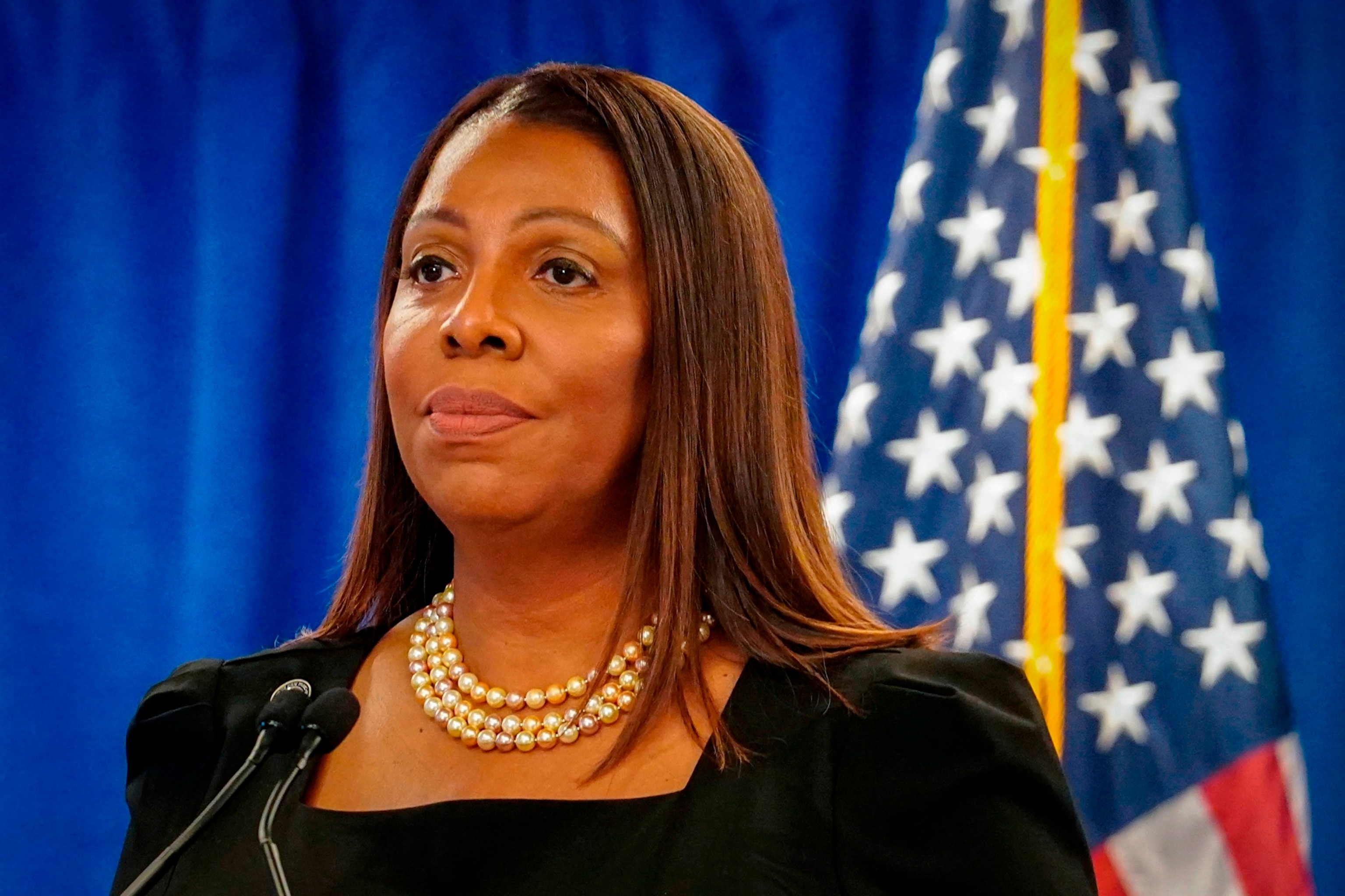 PHOTO: New York Attorney General Letitia James speaks during a news briefing, Feb. 16, 2024, in New York.