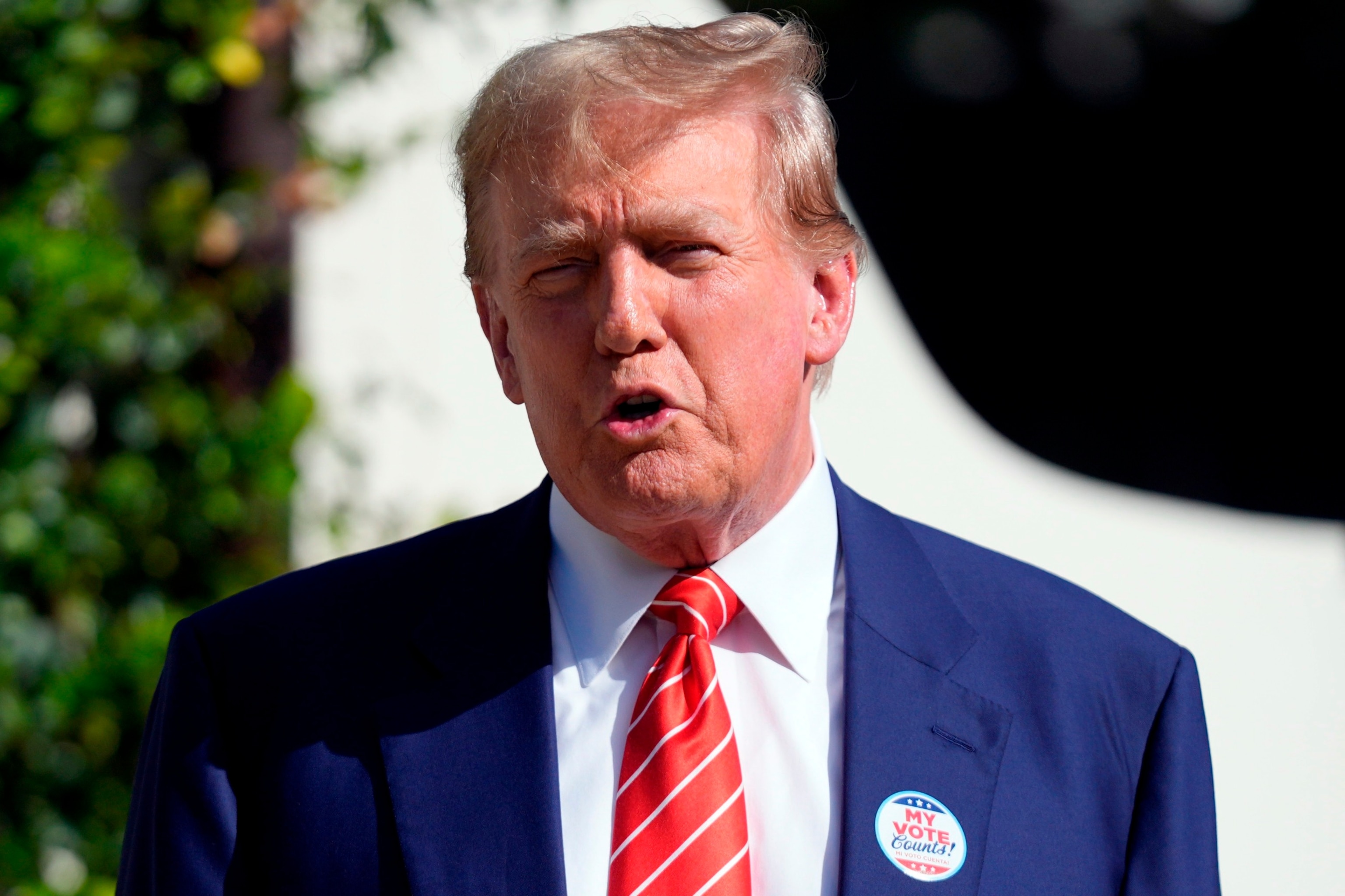 PHOTO: Republican presidential candidate former President Donald Trump speaks after voting in the Florida primary election in Palm Beach, Fla., March 19, 2024.