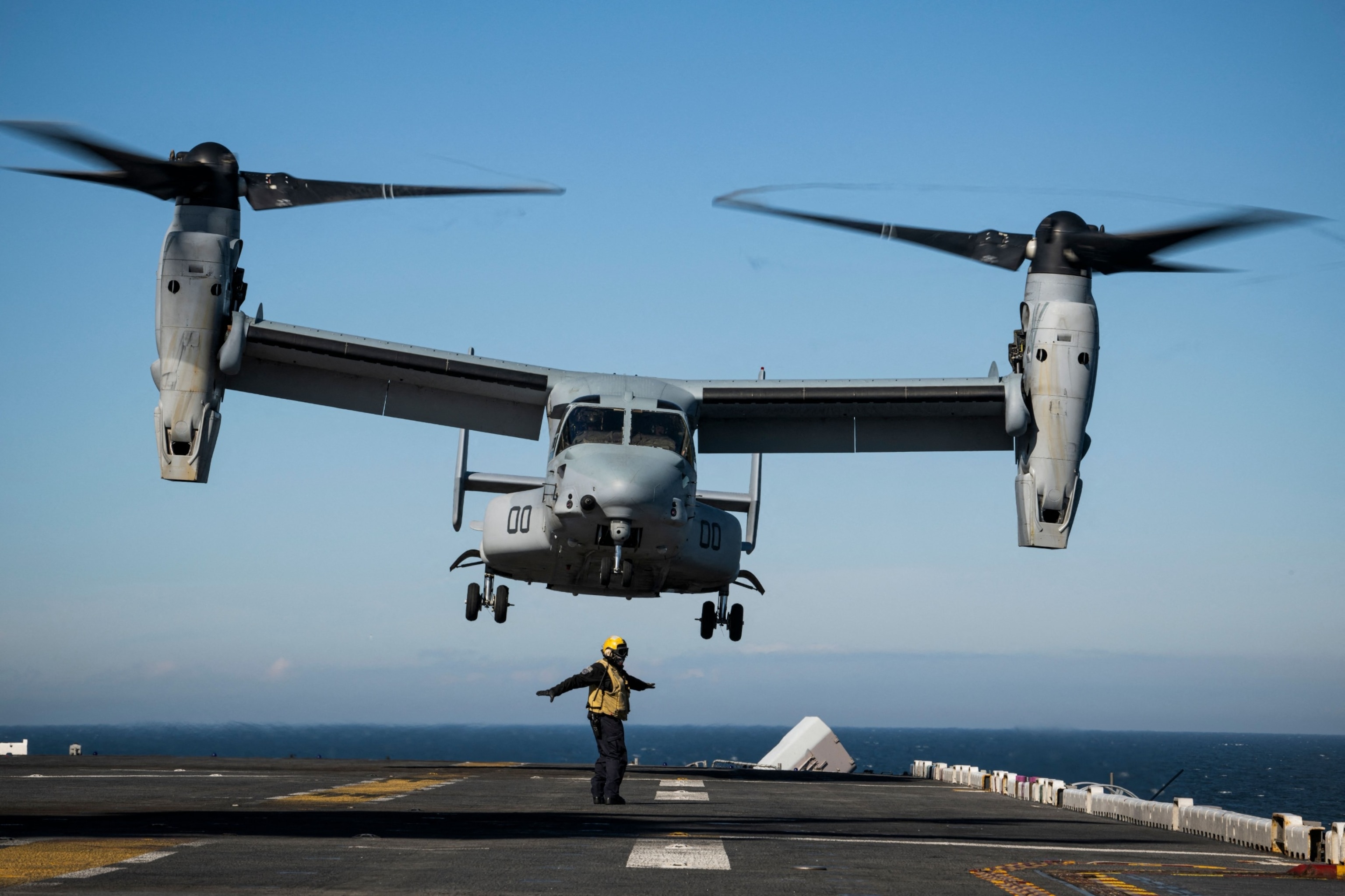 PHOTO: In this June 8, 2022 file photo, an MV-22 Osprey assault support aircraft departs off the flight deck of the Wasp-class amphibious assault ship USS Kearsarge (LHD 3) in the Baltic Sea. 