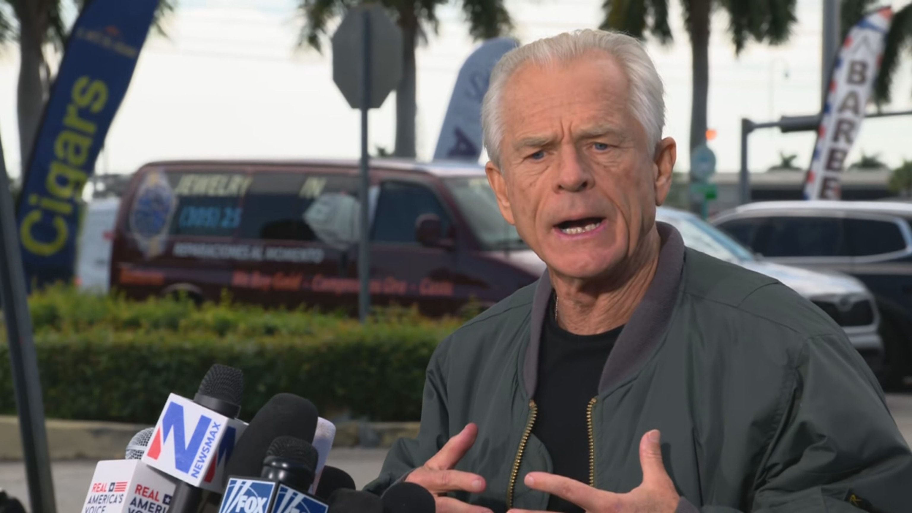PHOTO: Peter Navarro, White House trade advisor to former President Donald Trump, arrives to speak to the press at the Country Mall Plaza before reporting to the Federal Correctional Institution, March 19, 2024, in Miami.