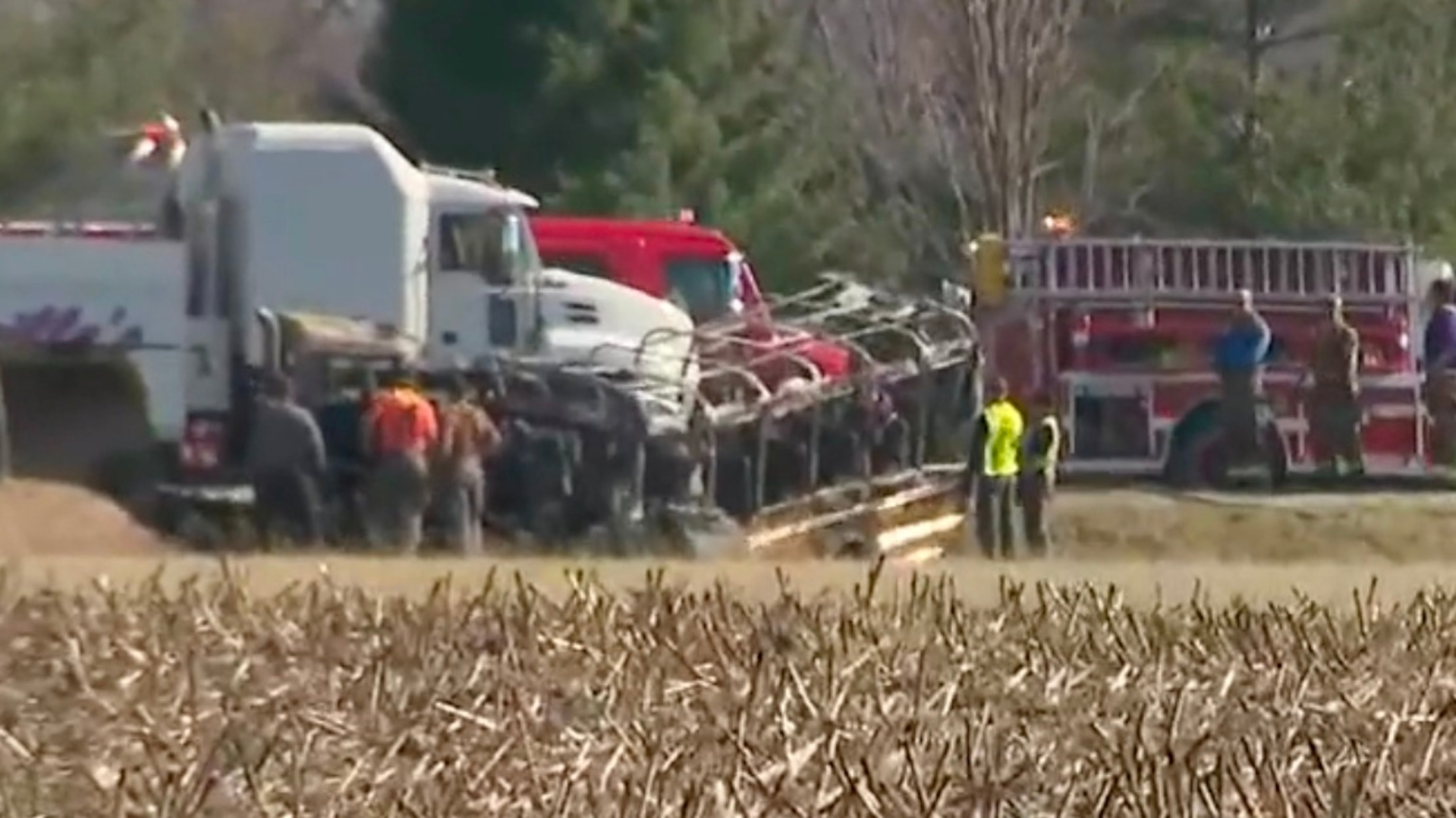 PHOTO: Two adults and three children were killed after a school bus crashed into commercial vehicle, March 11, 2024, Rushville, Ill. 