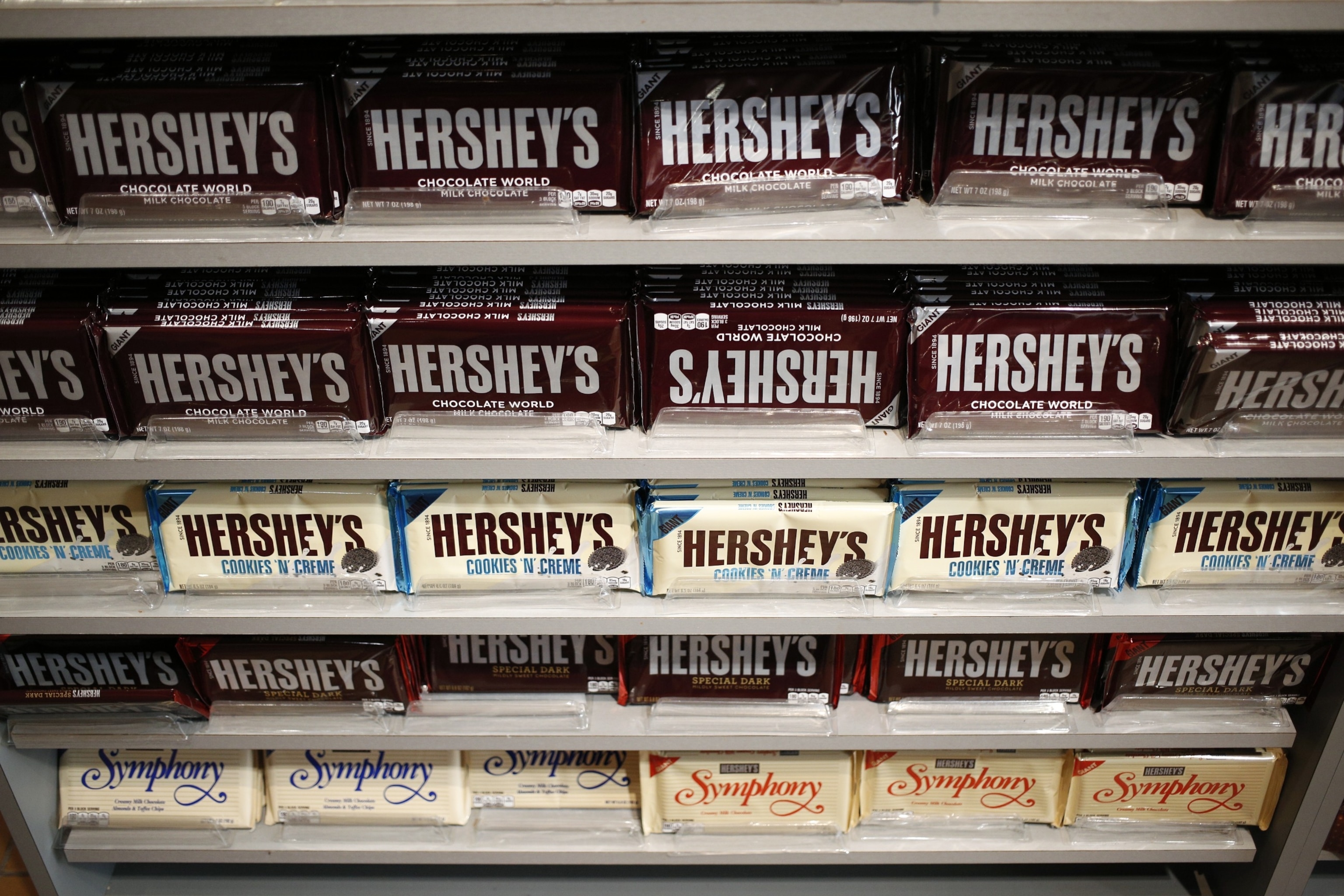 PHOTO: Hershey Co. candy bars are displayed for sale inside of the company's Chocolate World visitor center in Hershey, Pa., Nov. 28, 2017. 