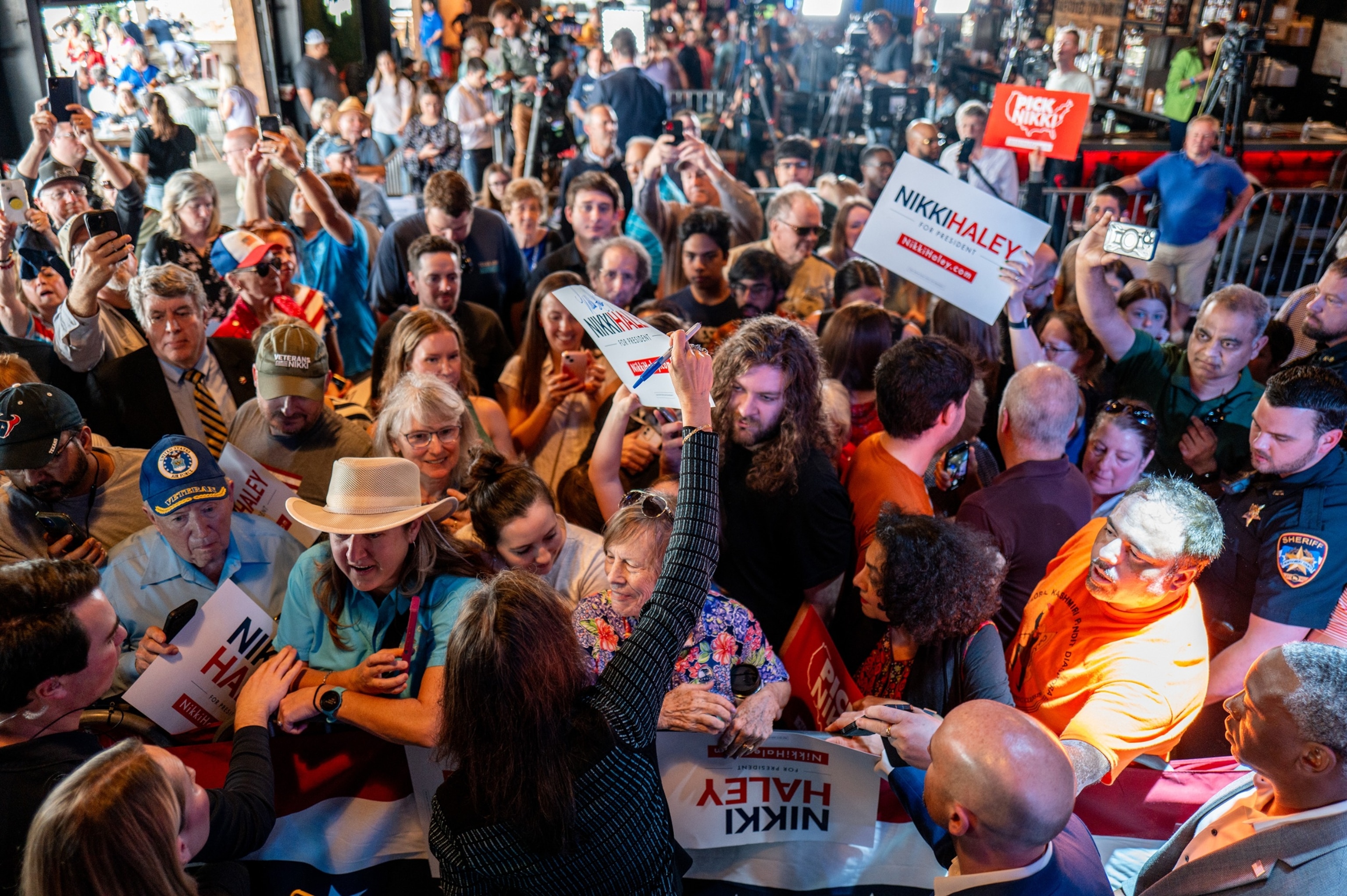 PHOTO: Republican presidential candidate and former U.N. Ambassador Nikki Haley greets attendees at the conclusion of a campaign rally, on March 4, 2024, in Spring, Texas. 