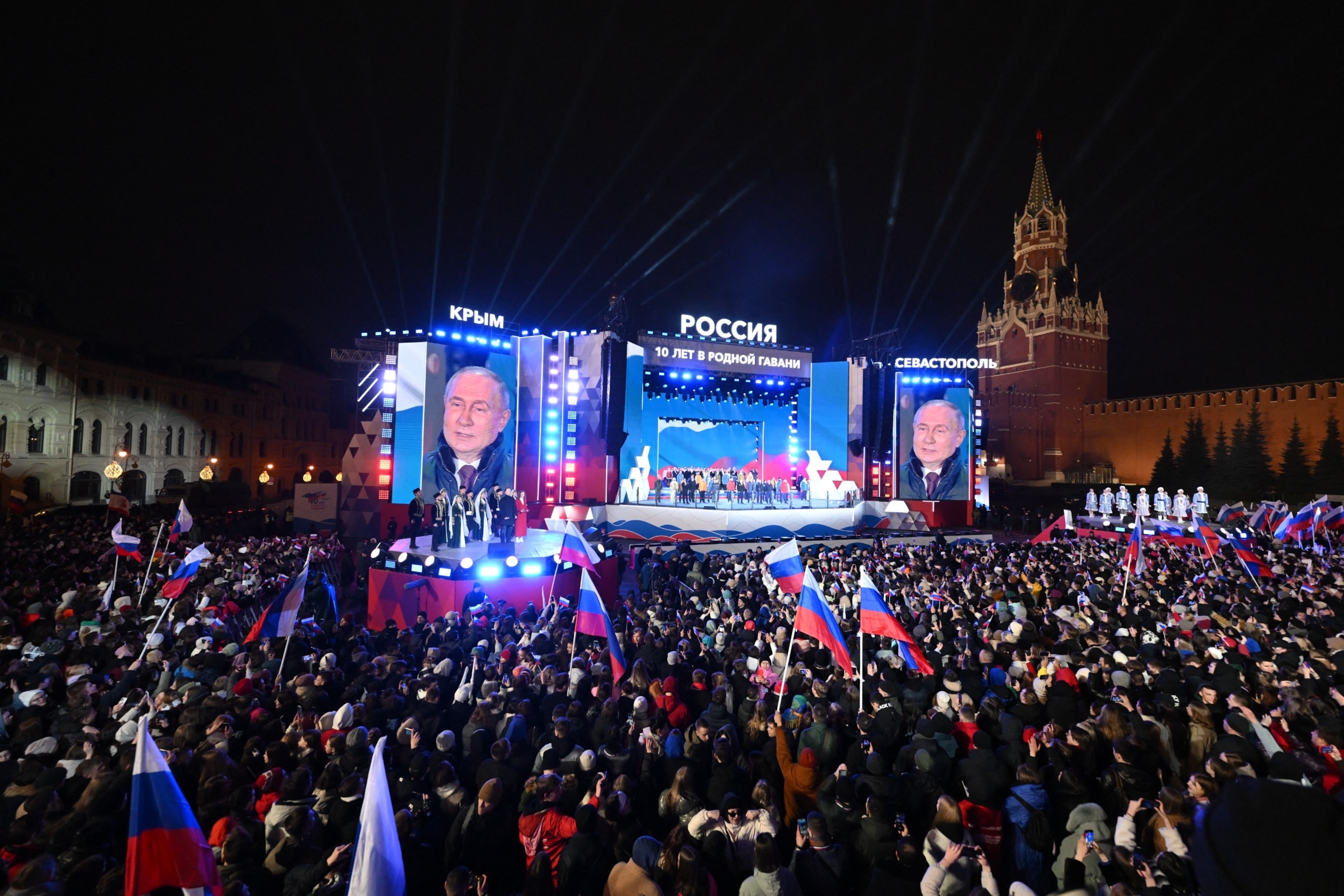PHOTO: Russian President and presidential candidate Vladimir Putin addresses the crowd during a rally and a concert celebrating the 10th anniversary of Russia's annexation of Crimea at Red Square in Moscow on March 18, 2024.