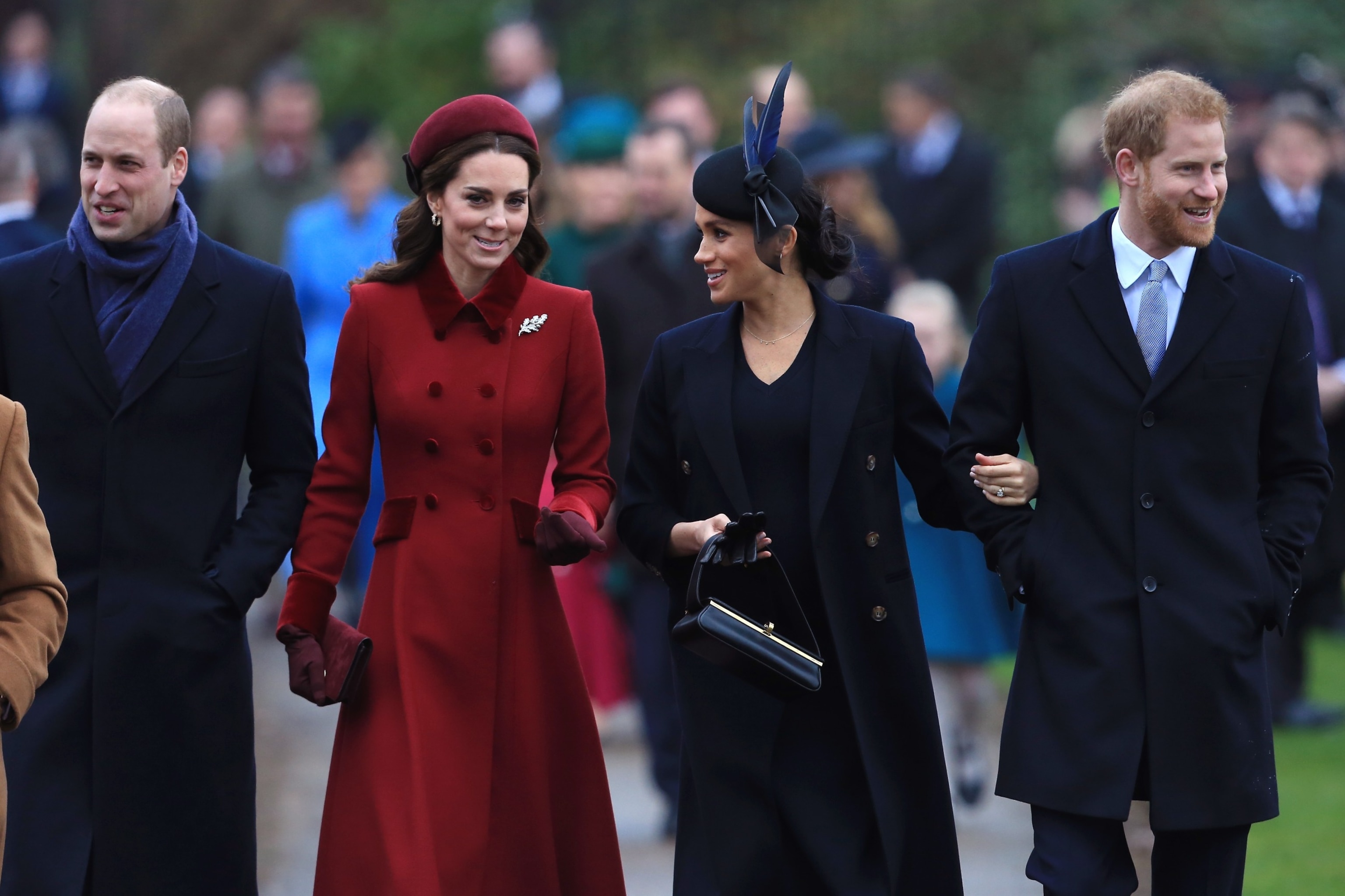 PHOTO: Prince William, Duke of Cambridge, Catherine, Duchess of Cambridge, Meghan, Duchess of Sussex and Prince Harry, Duke of Sussex attend Christmas Day Church in King's Lynn, England, Dec. 25, 2018. 