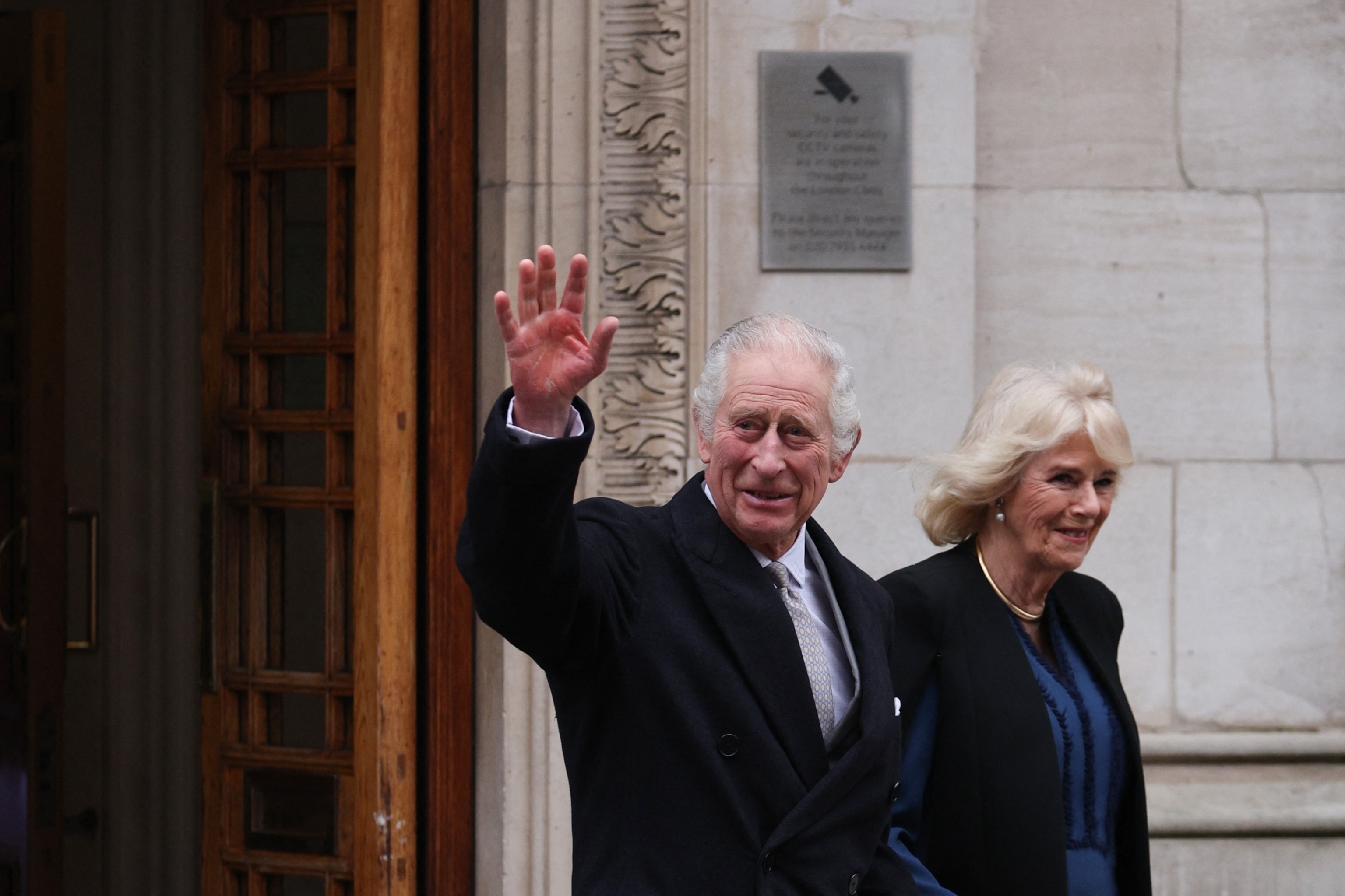 PHOTO: King Charles III waves as he leaves, with Queen Camilla, the London Clinic, in London, on Jan. 29, 2024.
