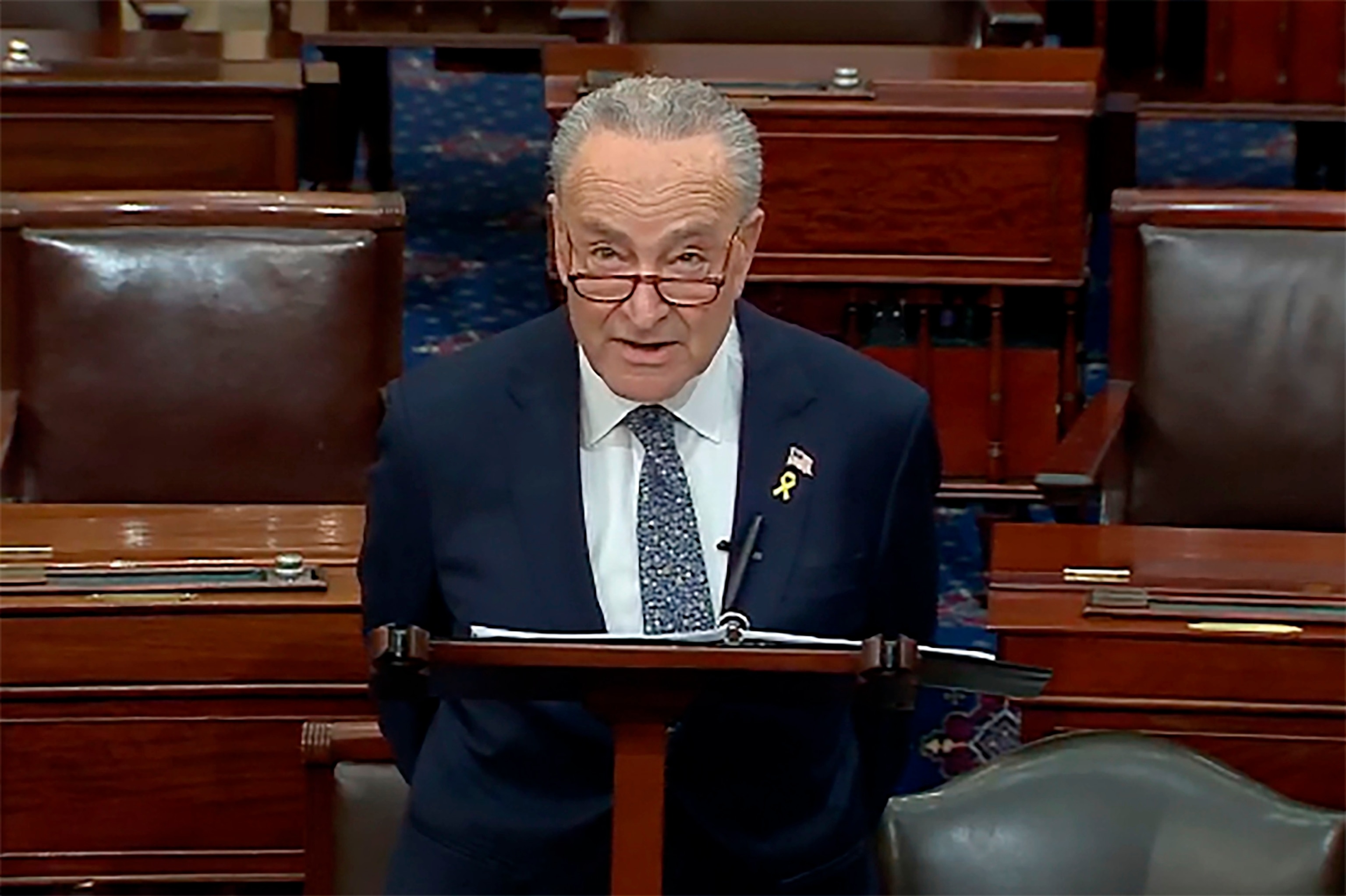 PHOTO: In this image from video provided by Senate TV, Senate Majority Leader Chuck Schumer, D-N.Y., speaks on the Senate floor at the Capitol in Washington, March 14, 2024. 