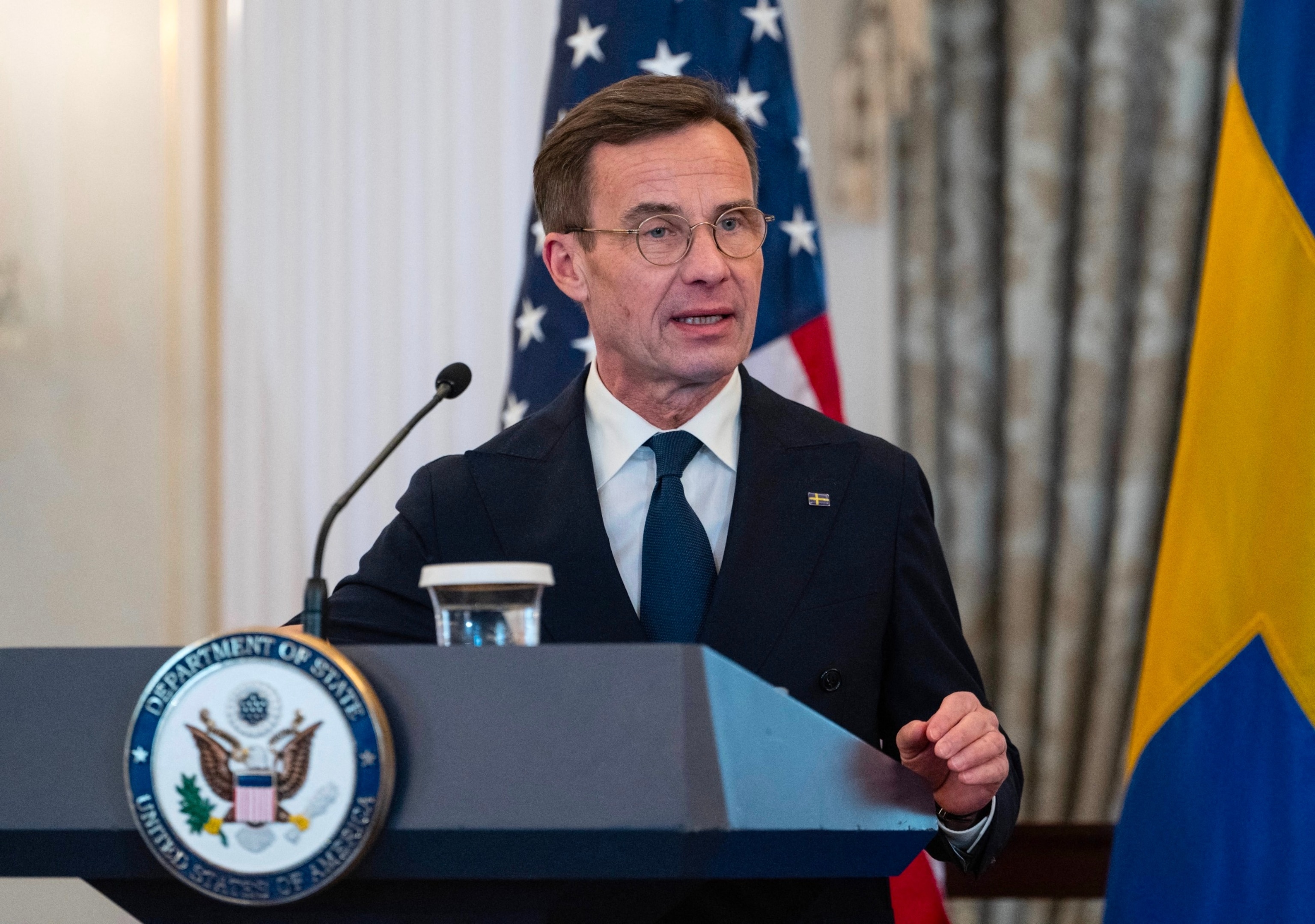 PHOTO: Swedish Prime Minister Ulf Kristersson speaks during the NATO ratification ceremony with US Secretary of State Antony Blinken at the US State Department, as Sweden formally joins the North Atlantic alliance, in Washington, DC, on March 7, 2024.