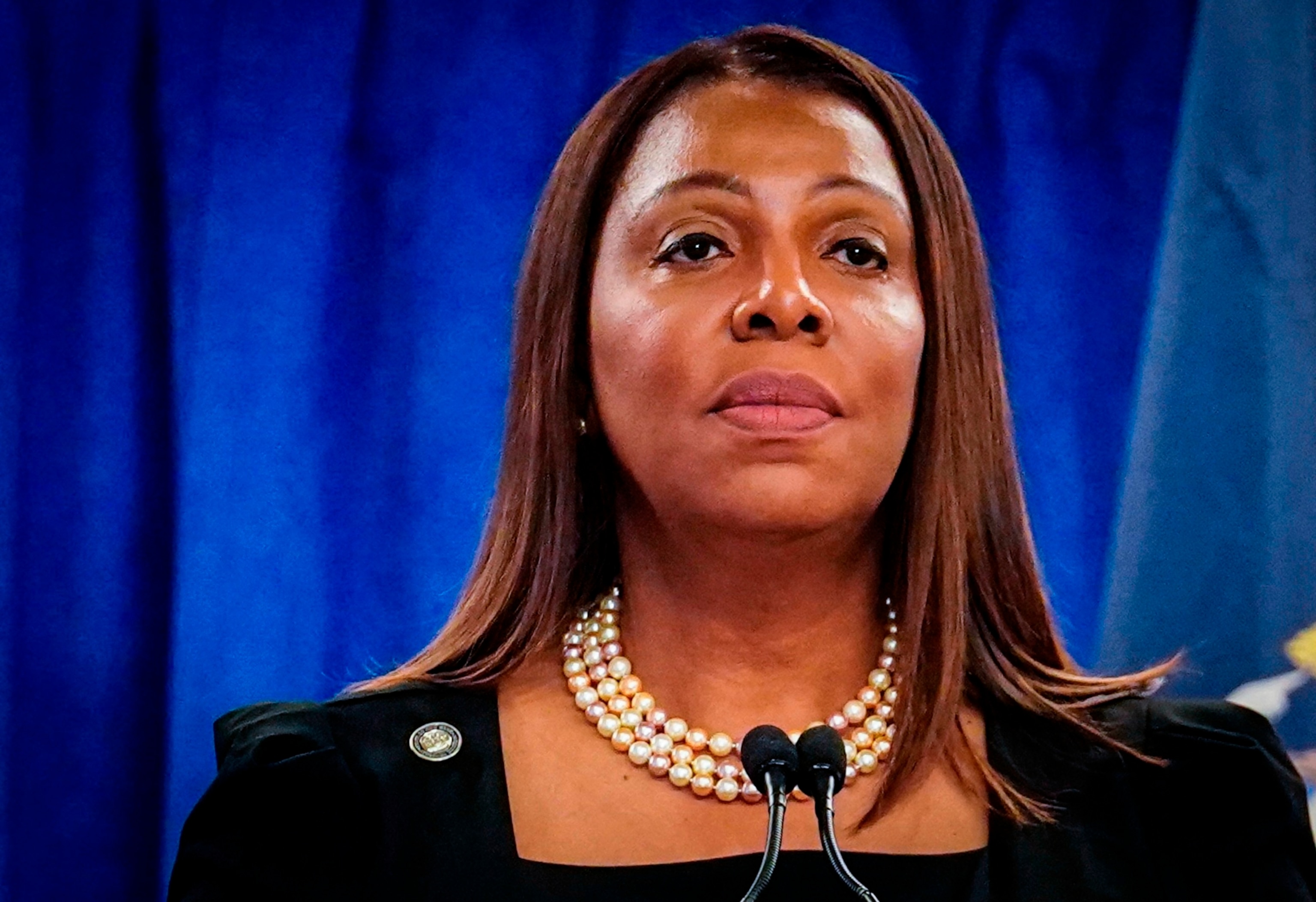 PHOTO: New York Attorney General Letitia James speaks during a press briefing, Feb. 16, 2024, in New York. 