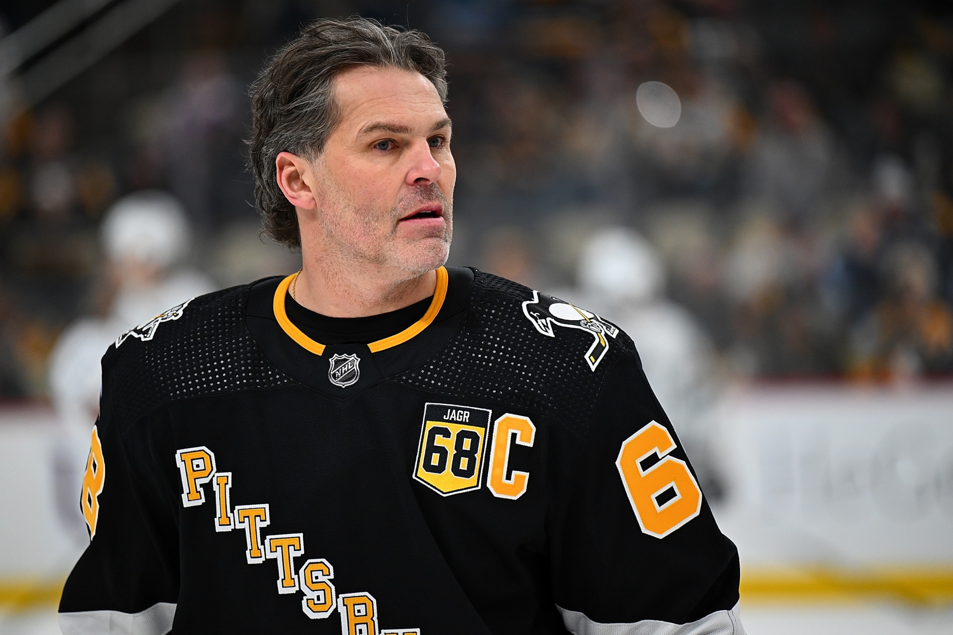 PHOTO: Jaromir Jagr skates during warm ups after having his number retired and banner raised to the rafters before the game between the Pittsburgh Penguins and the Los Angeles Kings at PPG PAINTS Arena on Feb. 18, 2024 in Pittsburgh.