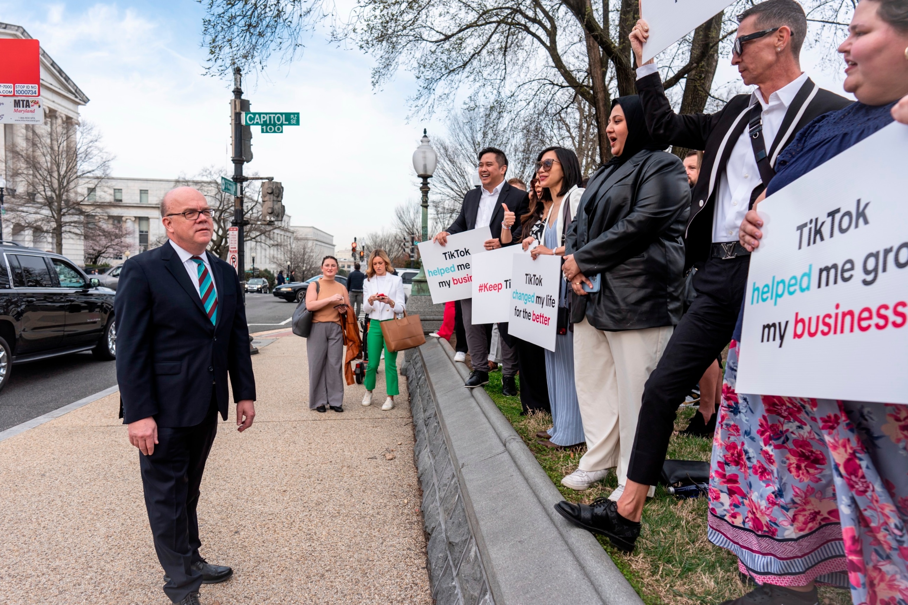 PHOTO: Rep. Jim McGovern, D-Mass., left, speaks to supporters of TikTok at the Capitol, March 13, 2024, in Washington.