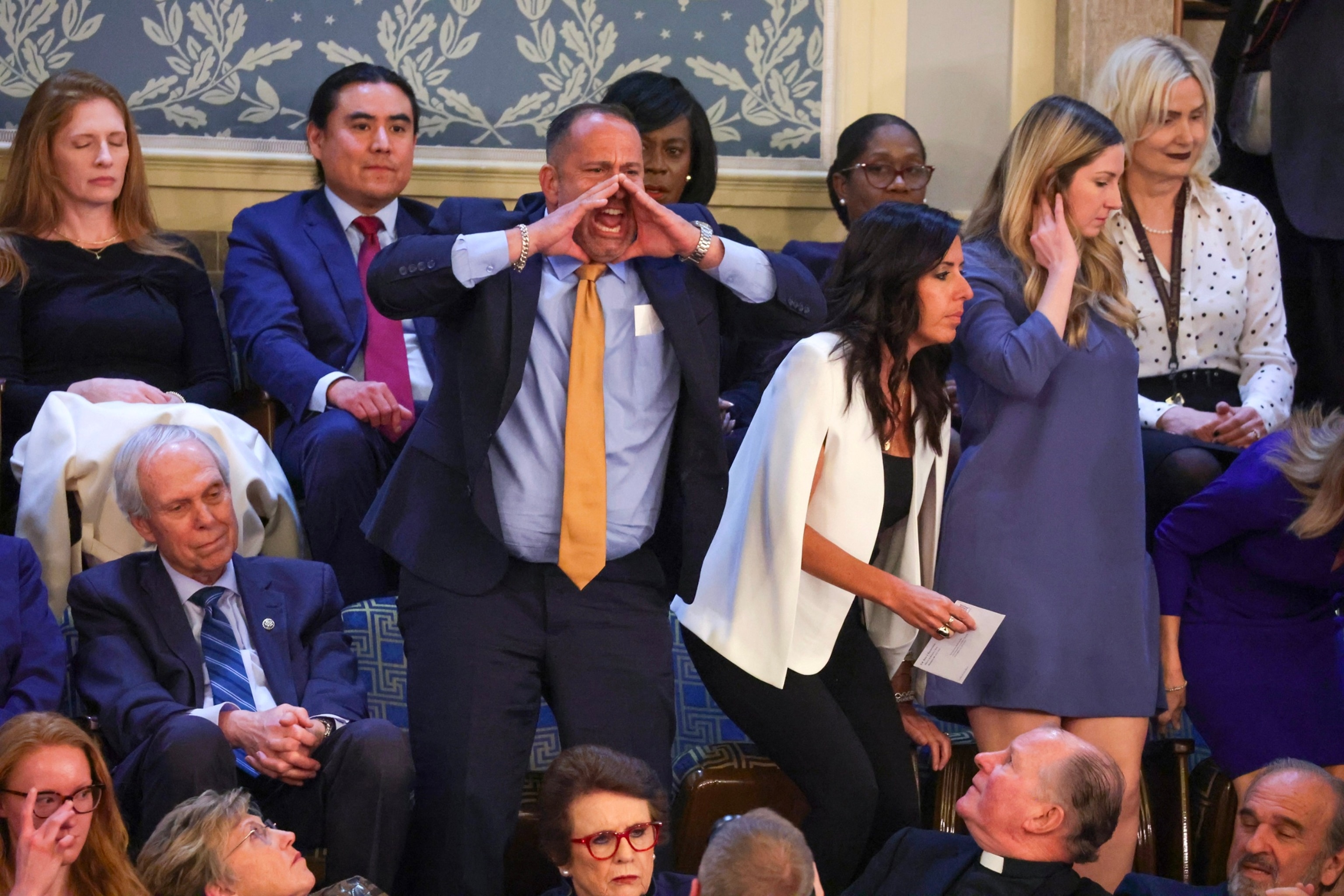 PHOTO: A heckler yells out as President Joe Biden delivers the State of the Union address during a joint meeting of Congress in the House chamber at the U.S. Capitol, on March 7, 2024, in Washington, D.C. 