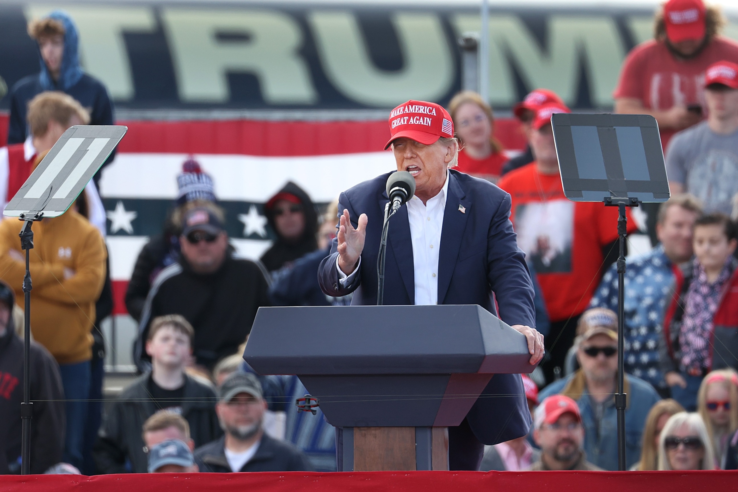 PHOTO: Republican presidential candidate former President Donald Trump  speaks to supporters during a rally at the Dayton International Airport on March 16, 2024 in Vandalia, Ohio.  