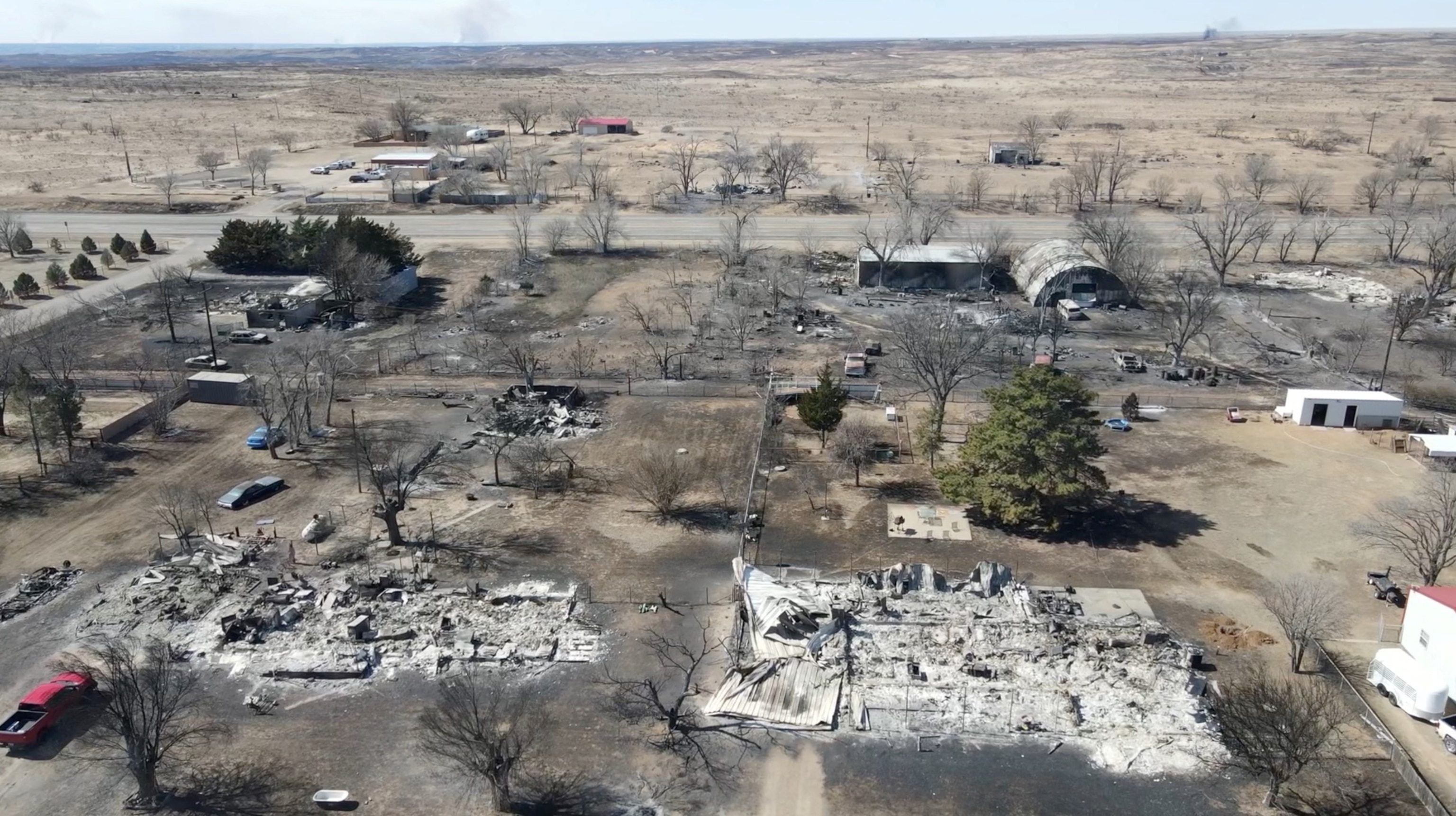 PHOTO: A drone view of buildings damaged by a wildfire in Stinnett, Texas, Feb. 28, 2024, in this screengrab obtained from a social media video.