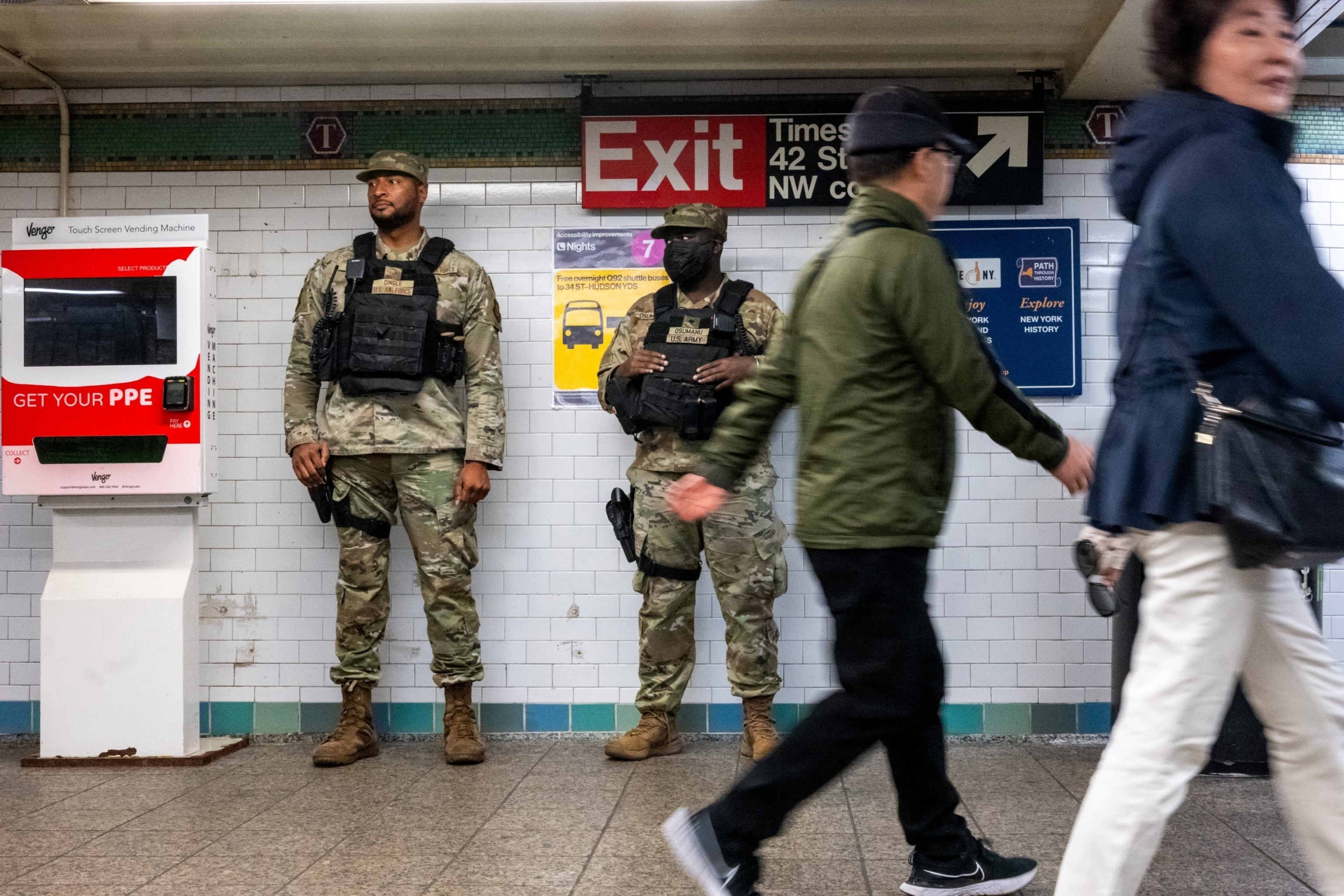 PHOTO: Members of the National Guard patrol a Manhattan subway station on March 18, 2024 in New York City.