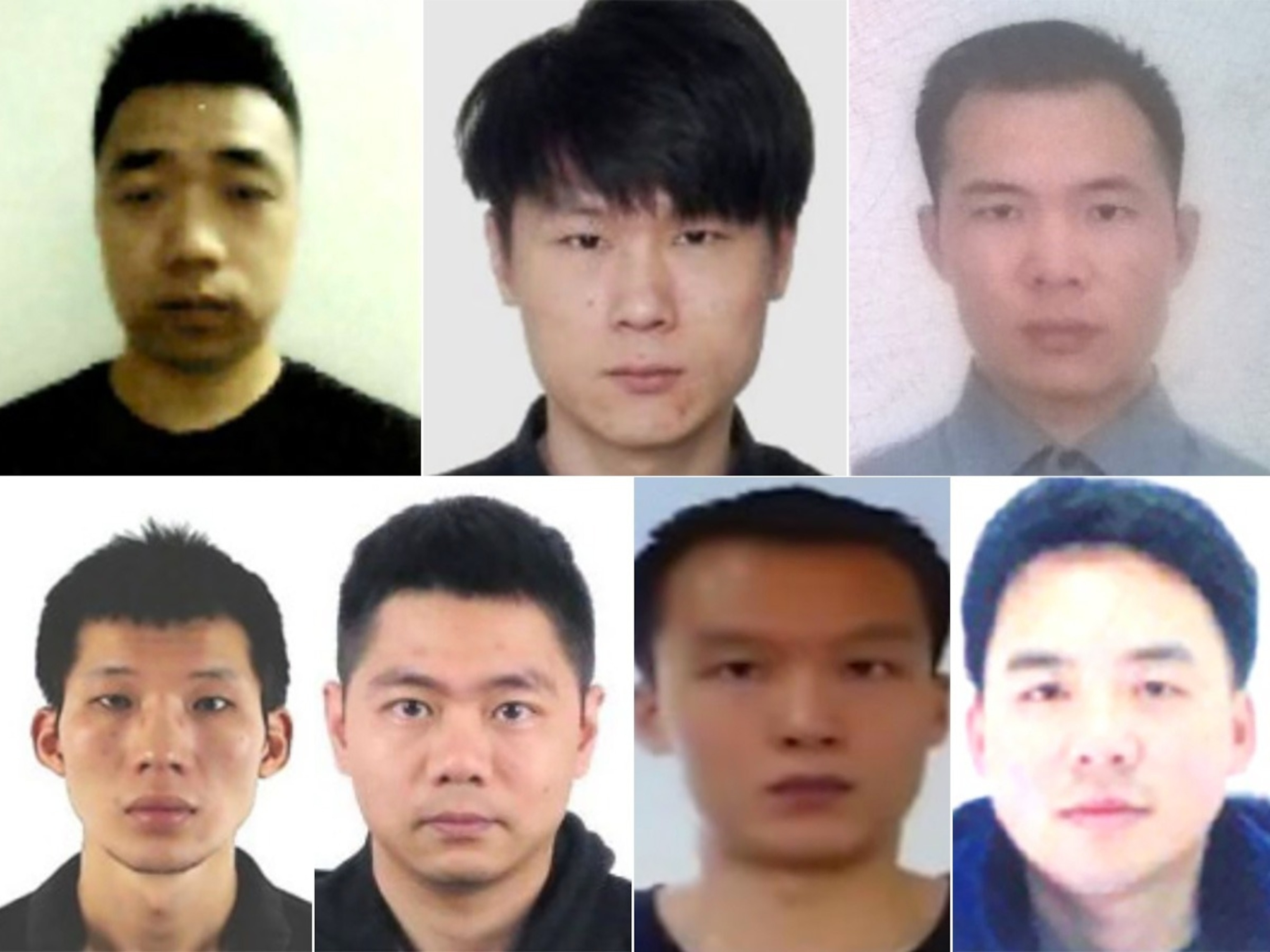 PHOTO: In a composite of photos from indictment, (Top left to right), Ni Gaobin, Weng Ming,Cheng Feng, (bottom left to right), Peng Yaowen, Sun Xiaohui, Xiong Wang, Zhao Guangzong.