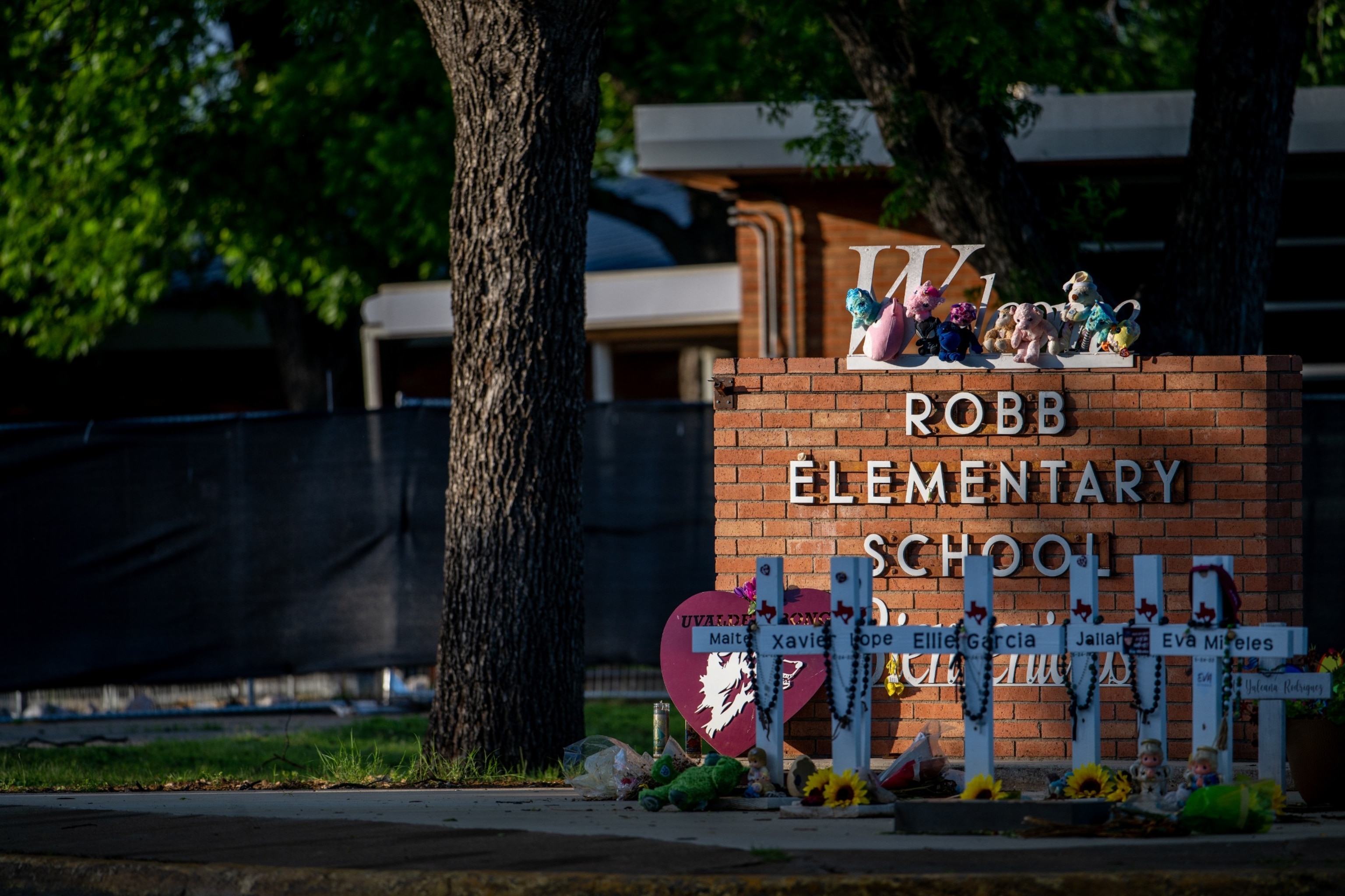 PHOTO: A memorial is dedicated to the victims of mass shooting at Robb Elementary School on April 27, 2023 in Uvalde, Texas. 